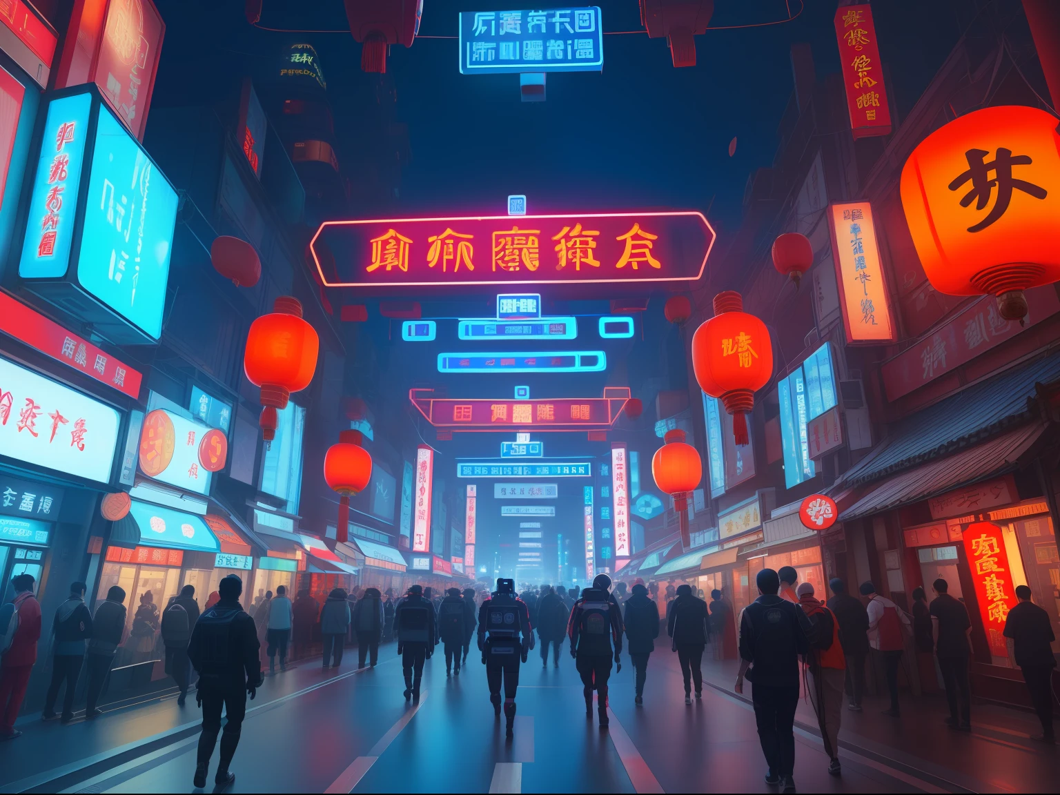 /imagine prompt: (a futuristic china town), ((city, future japan)), (((robots walking around))), ((neon lights, futurustic chinese architecture, neon blue leaves floating in the air)), trending on artstation, ultra detail, digital art, 4k, highest qaulity, sharp focus, realistic