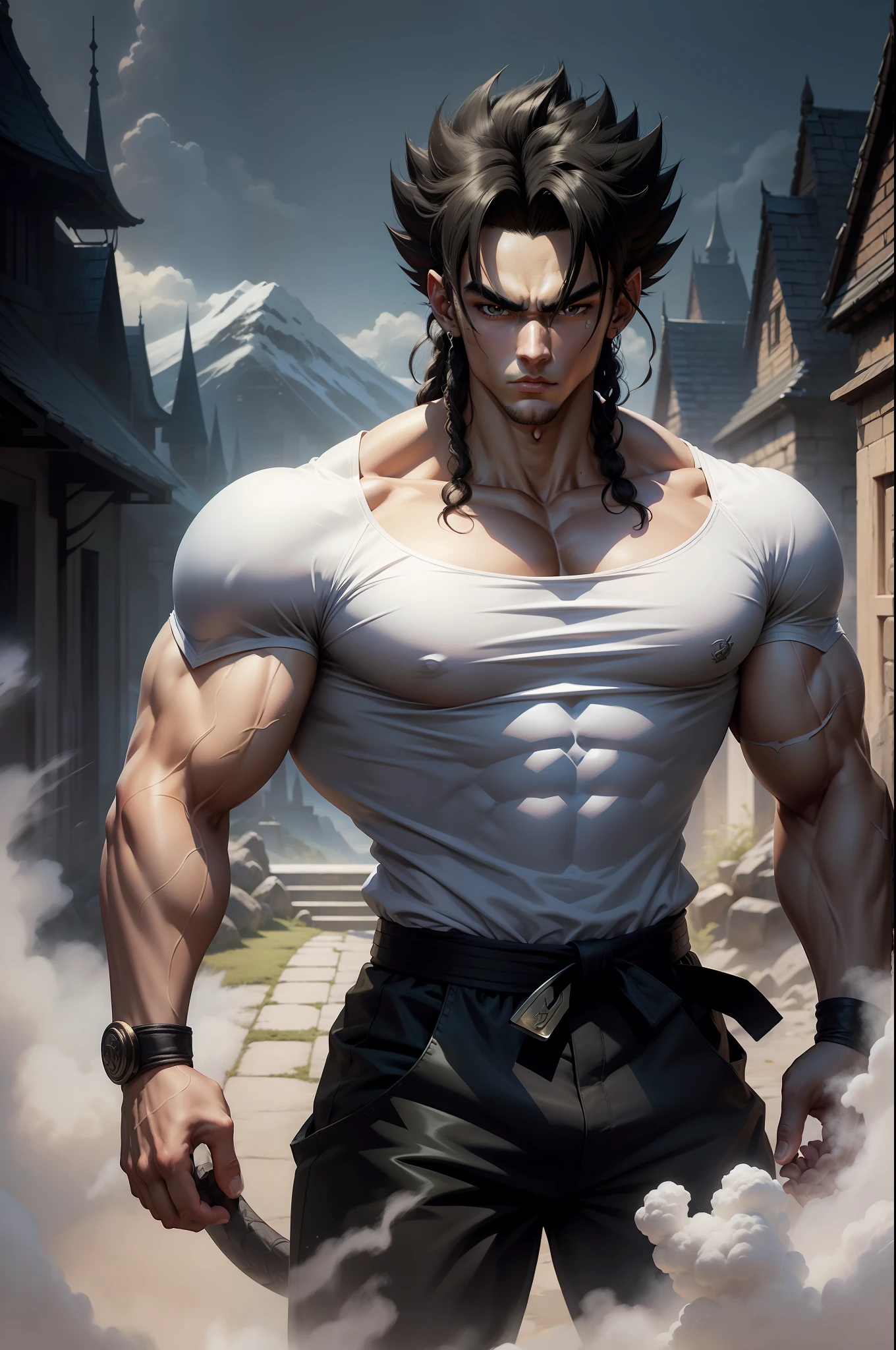 A 20-year-old broly wearing a white shirt and black belt, is a character from the Dragon Ball series. Dark old castle landscape. Standard body, finger drawing, beautiful double eyelids, handsome face, gliulian art style, highly detailed official artwork, jin shan, official art