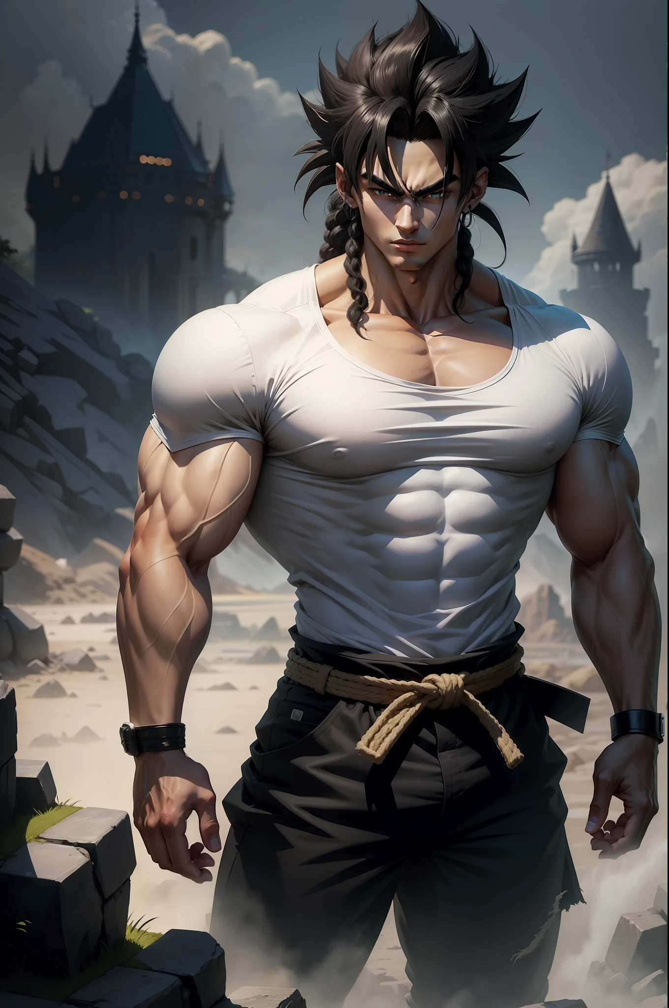 A 20-year-old broly wearing a white shirt and black belt, is a character from the Dragon Ball series. Dark old castle landscape. Standard body, finger drawing, beautiful double eyelids, handsome face, gliulian art style, highly detailed official artwork, jin shan, official art