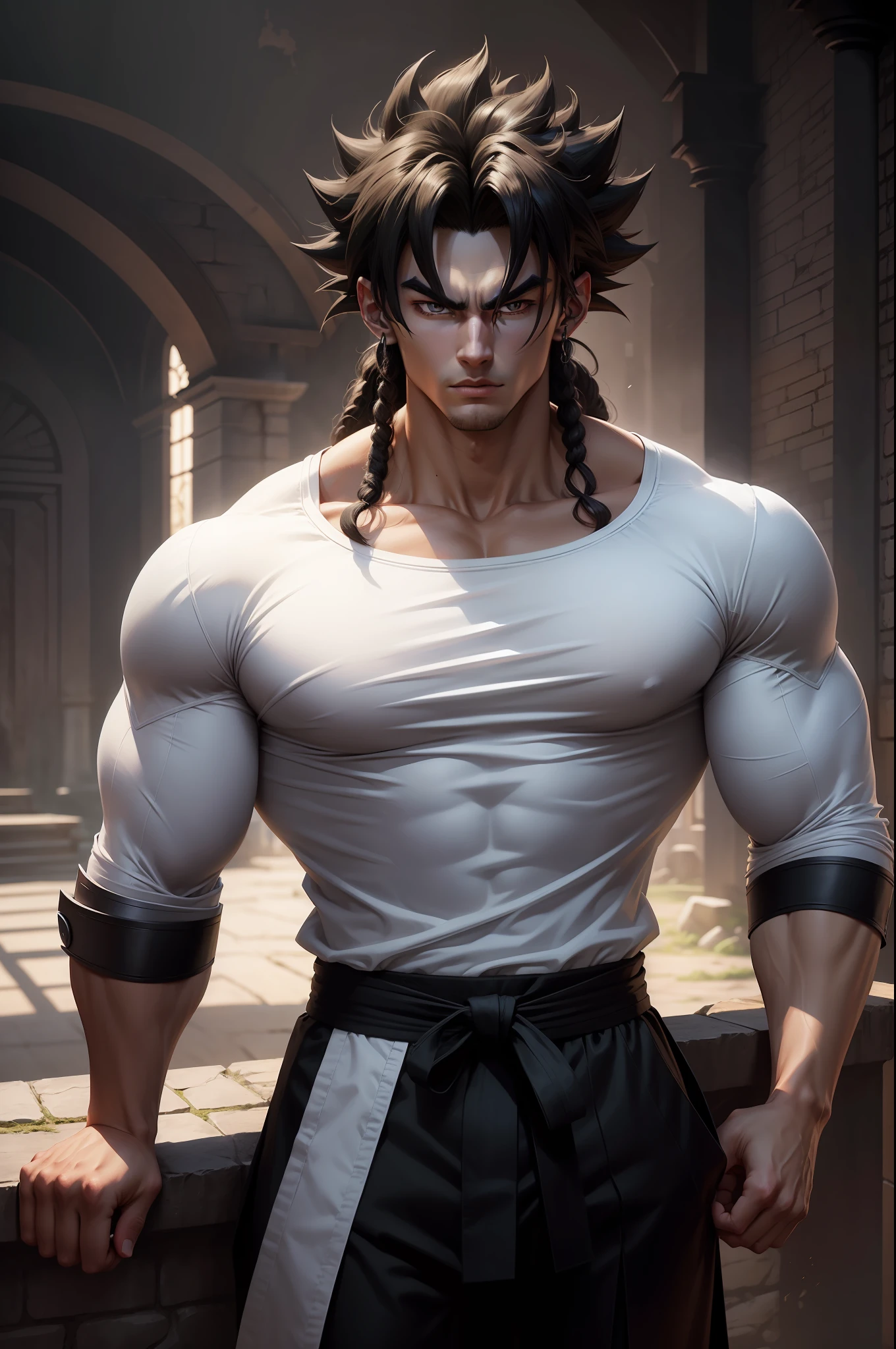 A 20-year-old broly wearing a white shirt and black belt, is a character from the Dragon Ball series. Dark old castle landscape. Standard body, finger drawing, beautiful double eyelids, handsome face, gliulian art style, highly detailed official artwork, jin shan, official art