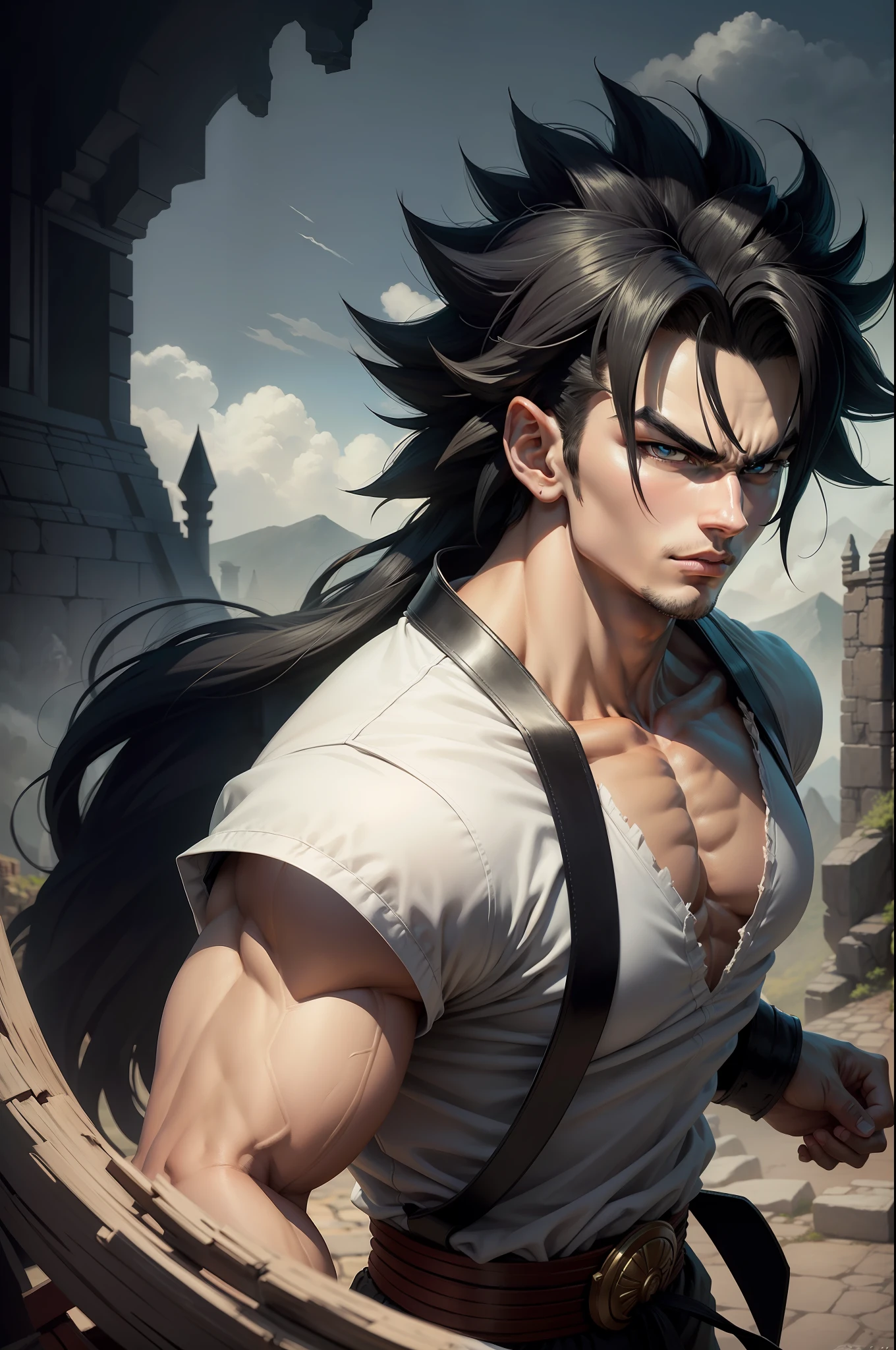 A 20-year-old broly wearing a white shirt and black belt, is a character from the Dragon Ball series. Dark old castle landscape. Standard body, finger drawing, beautiful double eyelids, handsome face, gliulian art style, highly detailed official artwork, jin shan, official art