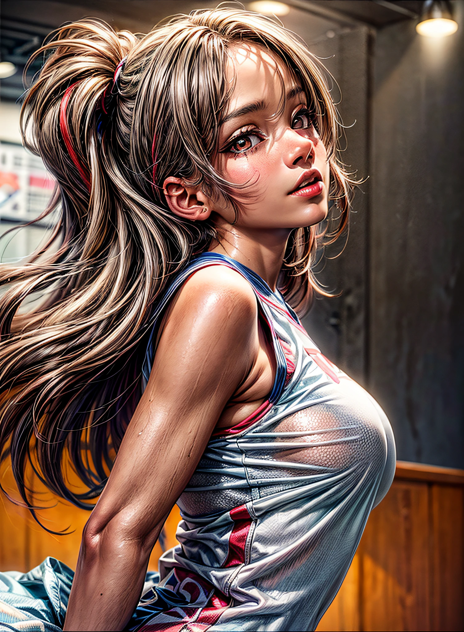 photo of a young woman in a basketball jersey, ((dark skin tone)), big breasts, hair between her eyes, long hair with red streaks, oval face, double eyelids, parted lips, very light brown eyes, solo, sexy (skinned bright: 0.8 ),(Masterpiece:1.4),(Best quality:1.4), Natural, Bright red lips, low angle, (from bottom angle), highly detailed skin, skin pore skin, (sfw) in a court during a play, dynamic pose