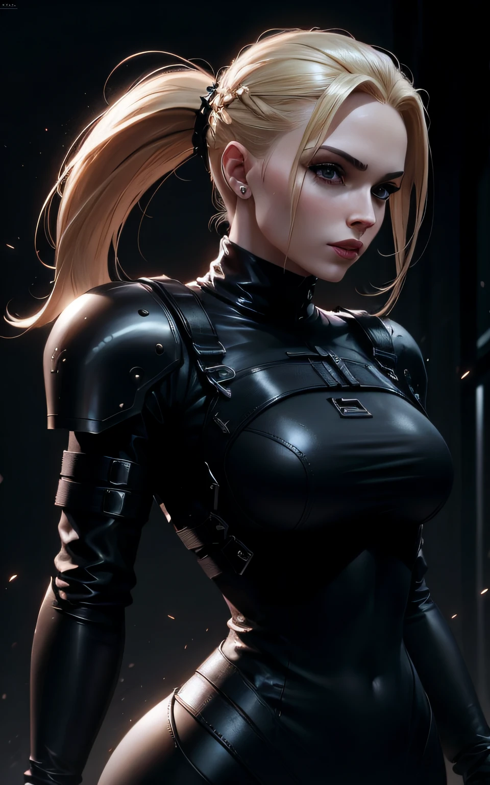 Blonde-haired woman in black latex outfit posing for a photo, Wojtek FUS, arte conceitual digital de alta qualidade, arte de personagem impressionante, 3 d render arte do caractere 8 k, deviantart artstation cgscosiety, arte conceitual digital suave, Alexandra Fomina Artstation, trending in the artstation, Obra-prima da CGSOCIETY, CGSsociety, impressionante;, CGCrart - N 5