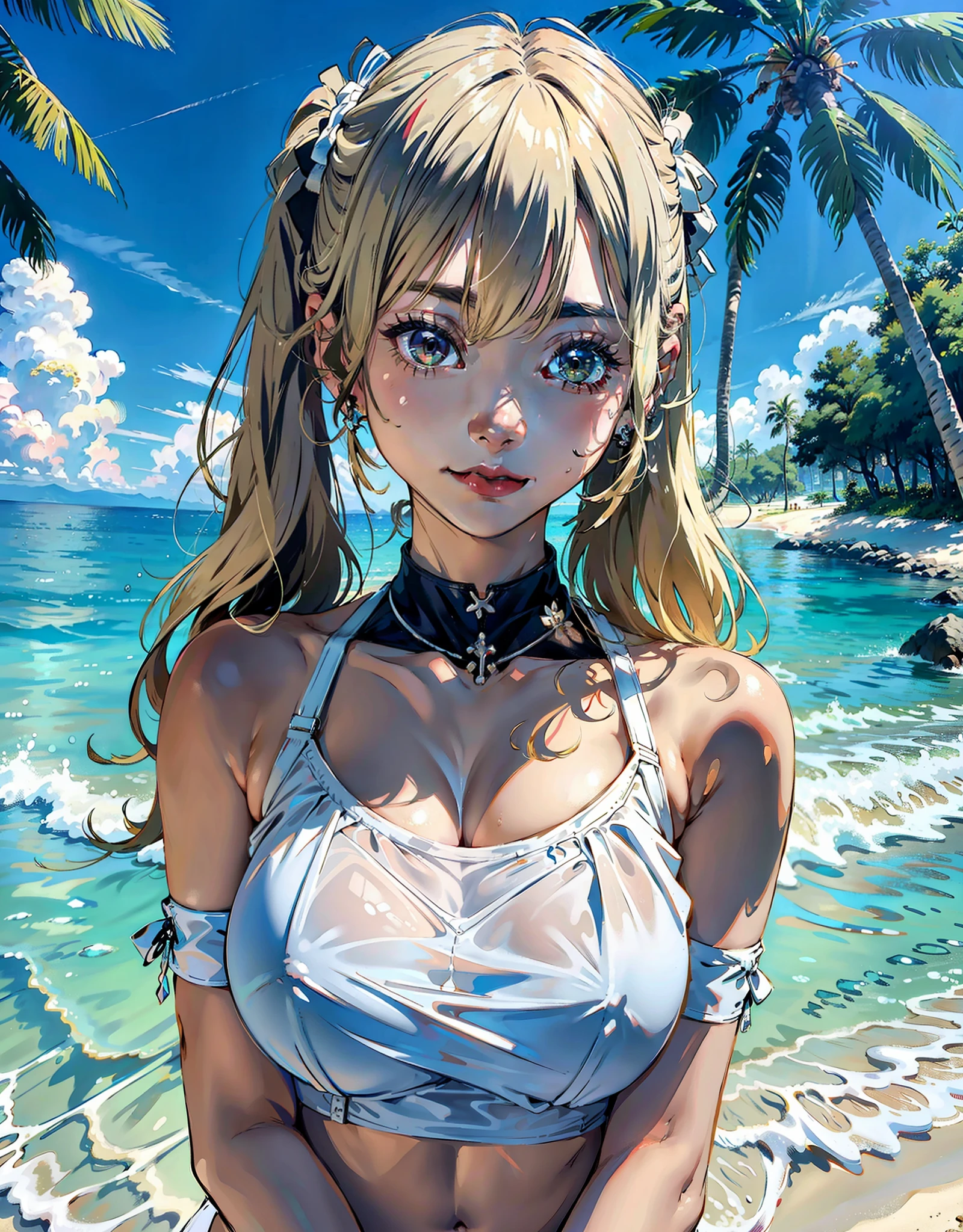 blond hairbl,pony tails,Huge breasts,upper legs,White transparent bikini, jewely,Hands on the chest,ssee-through,looking at viewert,hair adornments,choker necklace,is shy,ssmile, (tmasterpiece,top-quality,best qualityer,offcial art,Beauty and aesthetics:1.2),(1个Giant Breast Girl),extremedetailed,rich colourful,highest details, (huge tit:1.3,)The upper part of the body,from below,Carmelto,Black panty,beachside,sandbeach, suns, Clouds, , tilt,