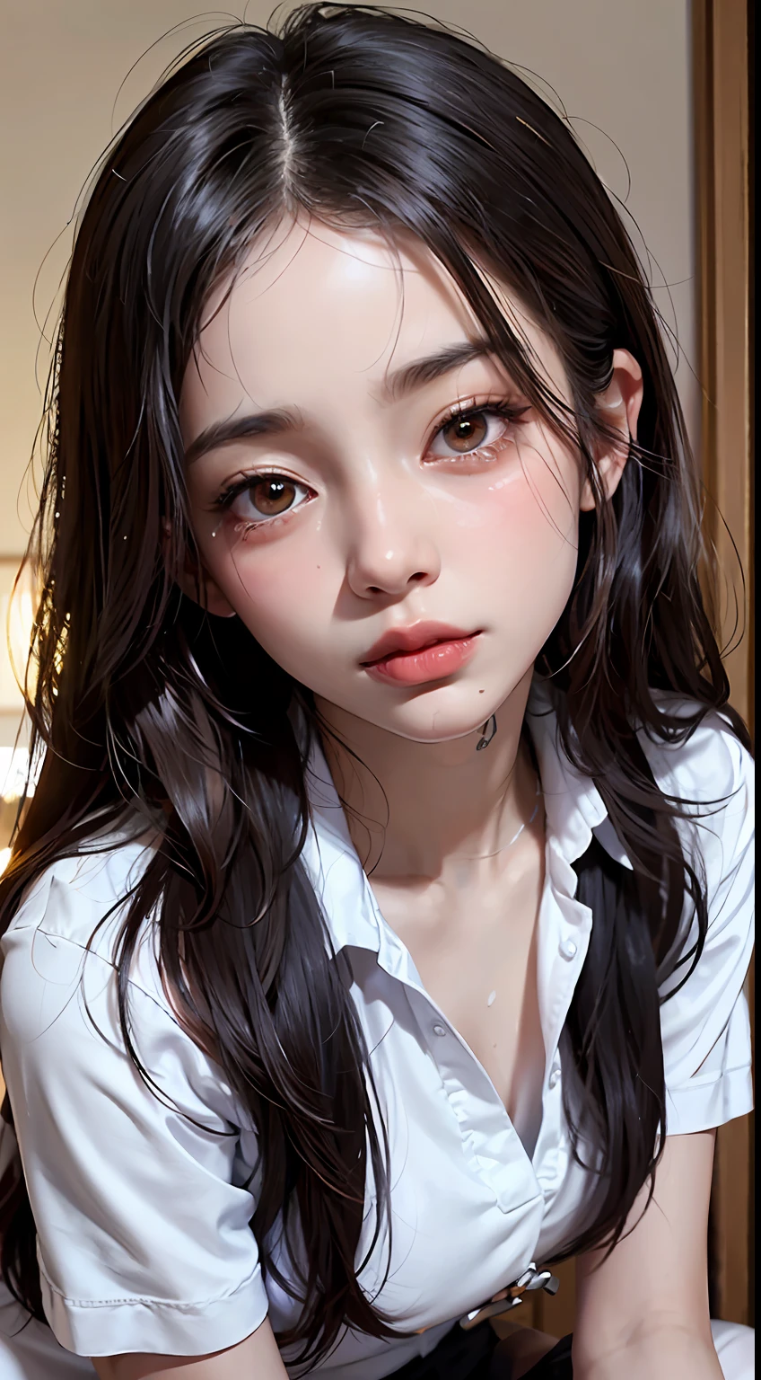 Black hair, (long hair), black eyes, (glowing eyes), (white thighhighs:1.2), orgasmic face, seduction, eroticism, seductive expression, black face, charming, blushing, shyness, shyness, shyness, disgust, disgust, (oversized), played badly,, make eyes at someone, ah-hey, comfortable, screaming, opening mouth, drooling, sexual spasms, White skin red, rosy face, sweat, wet body, color, alone, crying on the ground in a student uniform, duck sitting, desire dissatisfaction, loneliness, caress, sexual pleasure, enduring pleasure, erk off, A charming expression, (crying on the ground in a student uniform detail portrayal), (duck sitting detail depiction front), detail portrayal, bust (Masterpiece), (Close Up), ( Best Quality), Extremely detailed, (Close Up) Exquisite, Beautiful, (Close Up), (A Beautiful Girl), (Collar, Collar), (Detailed Pink Areolae Nail:, (delicate depiction of skin), (voluminous skin: 1.4), top-notch CG quality 8k wallpaper, realistic, master level, masterpiece, portrait, center, viewing lens, beautiful Chinese and Korean mixed blood idols, (ultra fine description of facial and facial details), (blushing face), lip biting makeup, sweet smile, perfect facial features, red eyes, blind bands+hair over one eye, (Ruby nail). fat_ Mons, cameltoe,