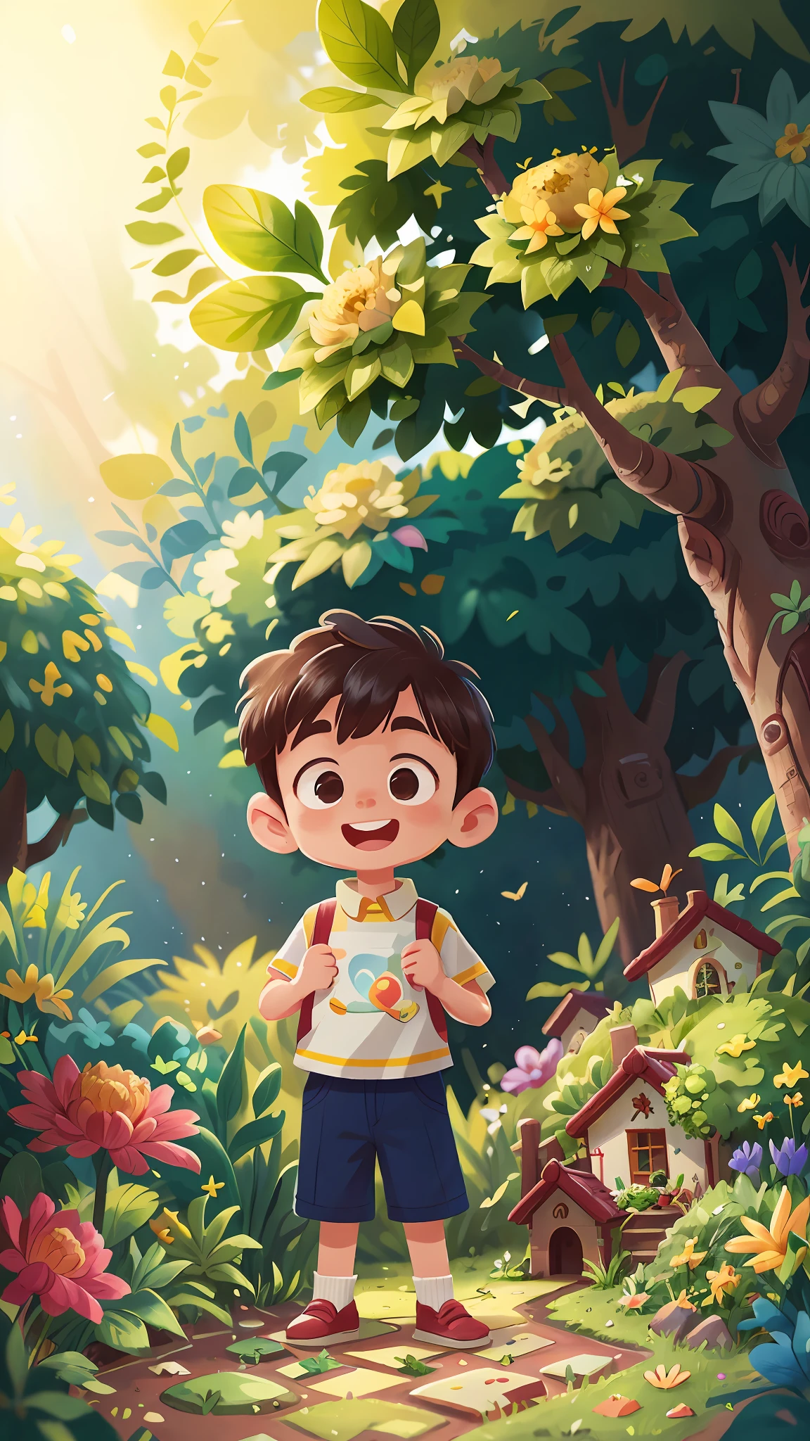 A 6-year-old boy standing in a garden, happy, happy, perfect quality, clear focus (mess - house: 0.8), (masterpiece: 1.2) (Realistic: 1.2) (Bokeh) (Best quality) (Detailed Skin: 1.3) (Intricate Details) (8K) (Eye Detail) (Sharp Focus), (Happy)