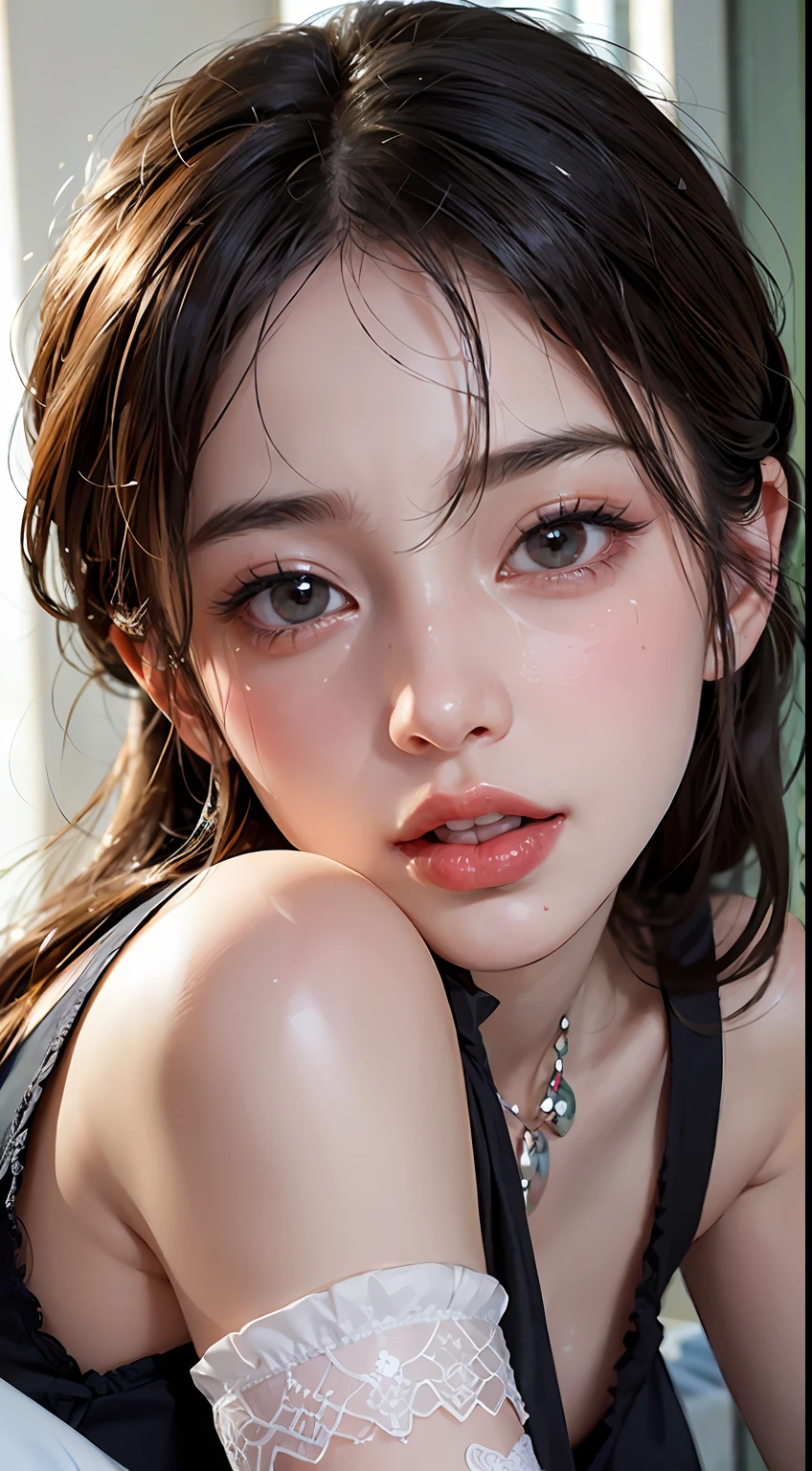 Black hair, (long hair), black eyes, (glowing eyes), (white thighhighs:1.2), orgasmic face, seduction, eroticism, seductive expression, black face, charming, blushing, shyness, shyness, shyness, disgust, disgust, (oversized), played badly,, make eyes at someone, ah-hey, comfortable, screaming, opening mouth, drooling, sexual spasms, White skin red, rosy face, sweat, wet body, color, alone, crying on the ground in a student uniform, duck sitting, desire dissatisfaction, loneliness, caress, sexual pleasure, enduring pleasure, erk off, A charming expression, (crying on the ground in a student uniform detail portrayal), (duck sitting detail depiction front), detail portrayal, bust (Masterpiece), (Close Up), ( Best Quality), Extremely detailed, (Close Up) Exquisite, Beautiful, (Close Up), (A Beautiful Girl), (Collar, Collar), (Detailed Pink Areolae Nail:, (delicate depiction of skin), (voluminous skin: 1.4), top-notch CG quality 8k wallpaper, realistic, master level, masterpiece, portrait, center, viewing lens, beautiful Chinese and Korean mixed blood idols, (ultra fine description of facial and facial details), (blushing face), lip biting makeup, sweet smile, perfect facial features, red eyes, blind bands+hair over one eye, (Ruby nail). fat_ Mons, cameltoe,