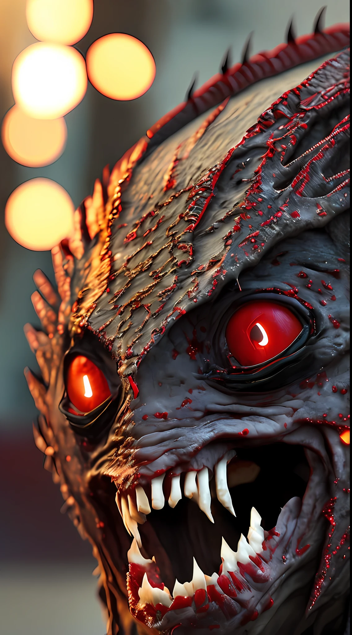 Portrait of a demon monster with black scales，Broken black bat wings，Red edge light，luminous red eyes，Laughing and standing on the street，Evoke fear，War environment，Damaged vehicle，dead body，burning houses，cinematic ligh，ultra-realistic realism，8K photorealism, Cinematic rendering, Ray tracing, The highest quality, highest details, hyper HD,