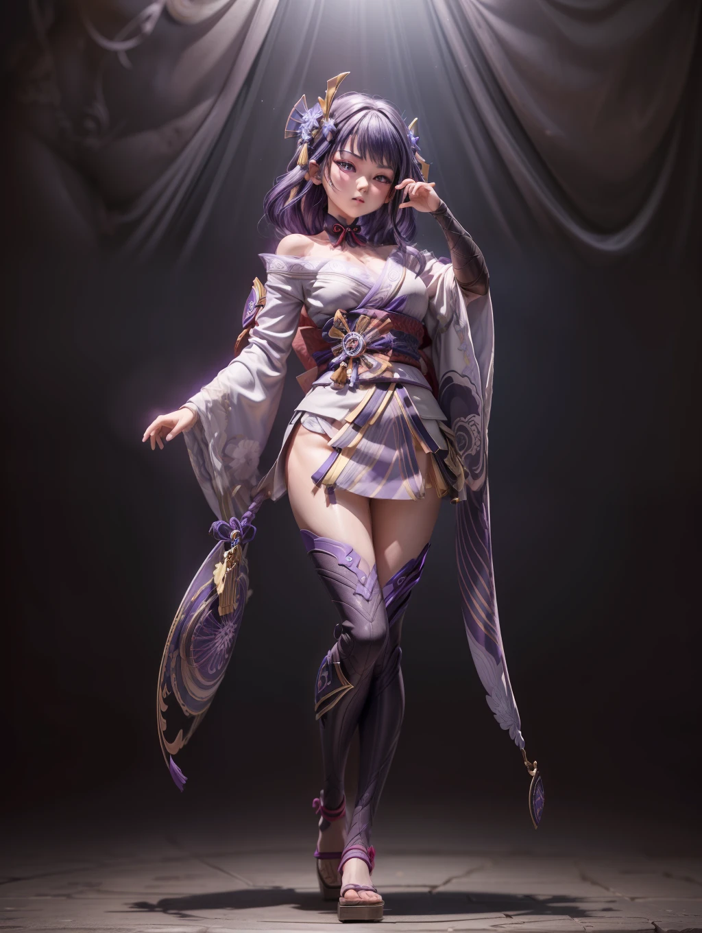 (Blind box toy style:1.3), ((Full body photo:1.5)) , 1 masterpiece, ((anatomy correct:1.4))，Best quality,,(((Raiden Shogun))) ((Genshin Impact)), 1 girl solo, big beatiful eyes，Slim little kimono，Purple stockings，The clothes slipped off the shoulders，Expose the upper part of the chest， dreamy glow, Clean, Purple clean background ，（circular base:1.3）( Global illumination, Ray traching, hdr, unreal render,reasonable design, high detal, Masterpiece, Best quality, hyper HD, Cinematic lighting)
