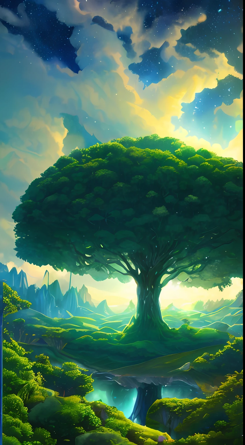 Illustration of a surreal, otherworldly, hyper sky scene including a giant crystal tree full body, highly detailed and magical lighting, intricate forest details, vegetation and surrounding river, solar punk, landscape, giant tree , beautiful green leaves, beautiful lighting and realistic proportions, as if this is a movie background, 8k, highest quality, masterpiece, clouds and stars in the sky.