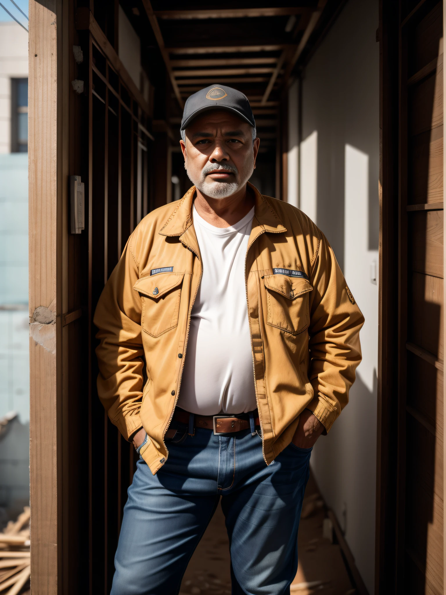 1homem, de 65 anos, ((com traje, construction worker's jacket, calca jeans velha, sapato preto de borracha)), ((Autorretrato de corpo inteiro)), 8k UHD, DSLR, grain of film, Pintura fotorrealista, Arte MidJourney, in a scenario of a construction corridor under construction, with sharp focus.