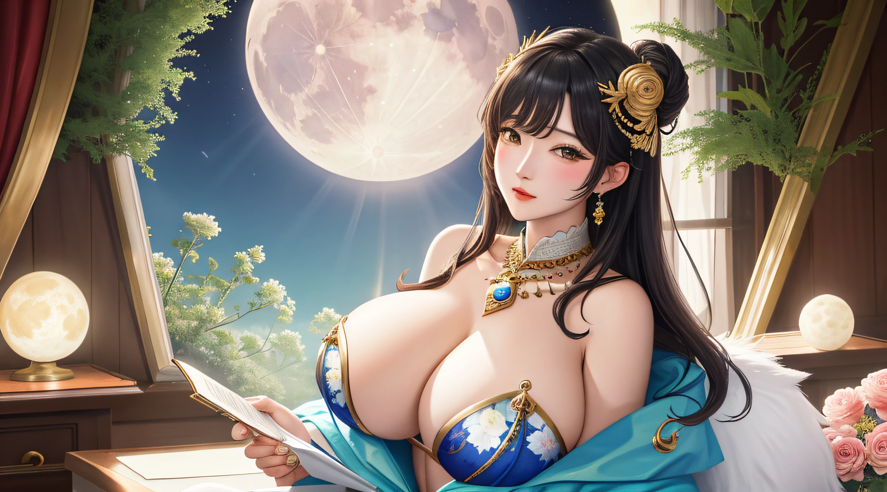 ((best qualtiy)), ((tmasterpiece)) themoon, god of moon, goddes, florals,nakeness,1girll,huge tit,Breast patches