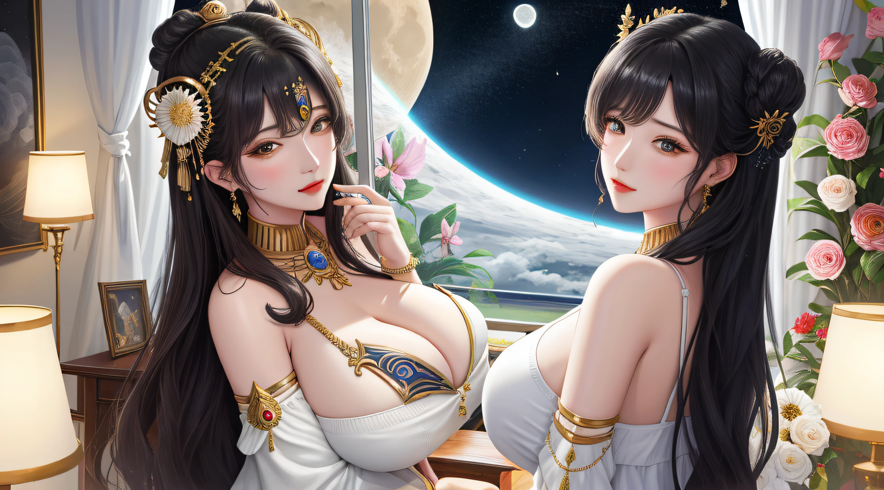 ((best qualtiy)), ((tmasterpiece)) themoon, god of moon, goddes, florals,nakeness,1girll,huge tit,Breast patches
