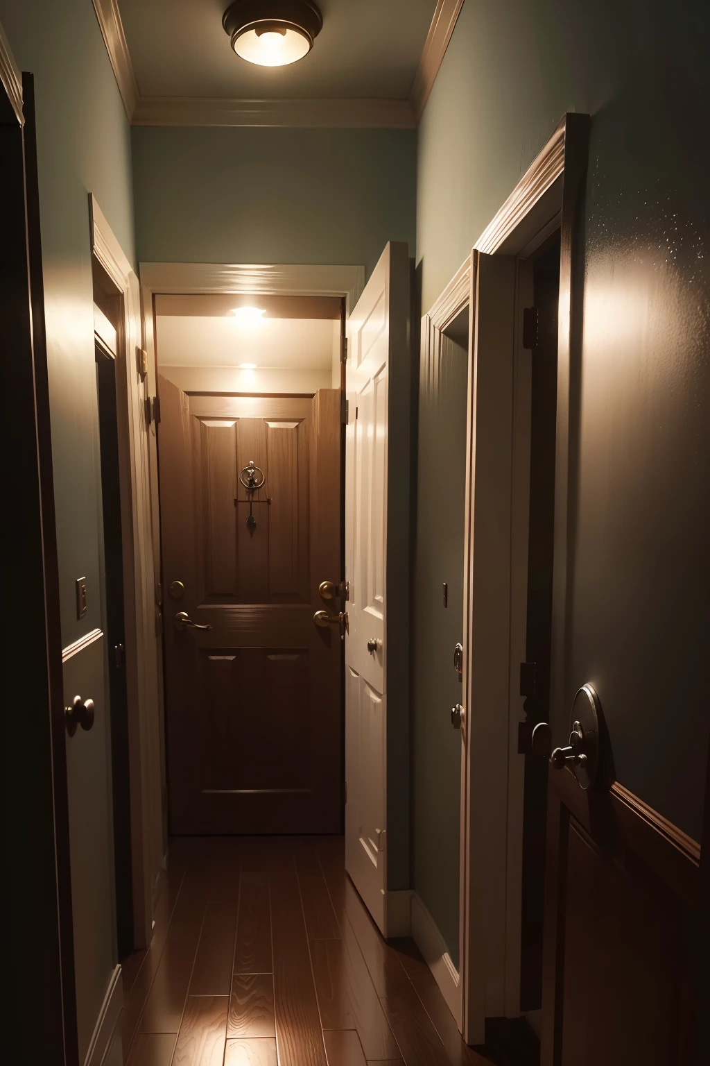 cinematic scene; stephen king style; someone in the closet; child's room; dark; frightening; ajar door; 4k; realistic; mistery; photo realistic