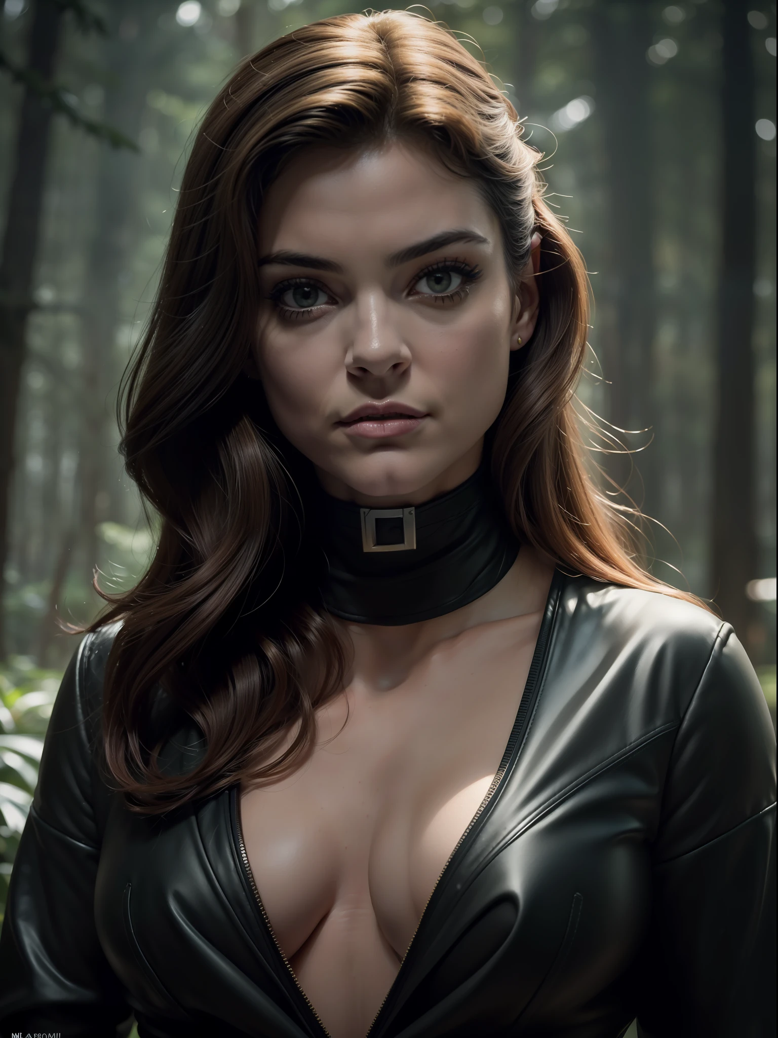 Mulher Gato, (((inspirada em "Selina Kyle" do filme "Mulher Gato"))), ((Autorretrato frontal)), 8k UHD, DSLR, grain of film, Pintura fotorrealista,((como Selina Kyle)), sorrindo, olhar sedutor, in a setting of a dark dark forest. estilo filme de terror, Auto retrato de rosto frontal, posing for camera,,lowangle, mola 24 mm, (((foco nítido:1.5))), (((profundidade de nitidez:1.5))), (fotorrealista:1.5), (textura da pele:1), cinemactic, hiperdetalhado,