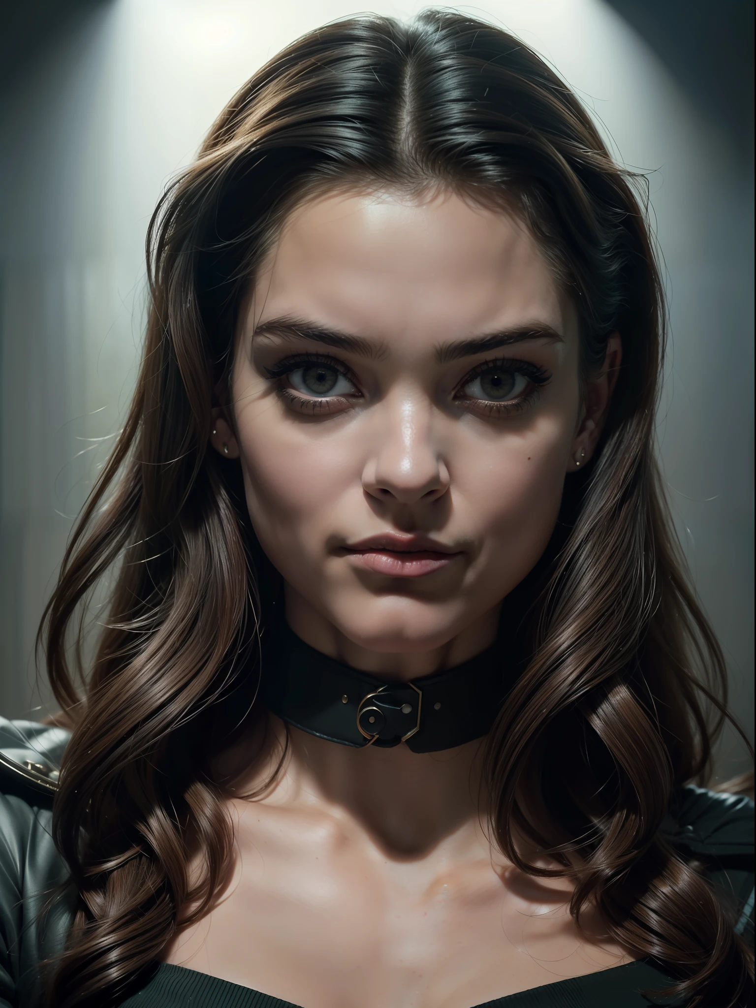 Mulher Gato, (((inspirada em "Selina Kyle" do filme "Mulher Gato"))), ((Autorretrato frontal)), 8k UHD, DSLR, grain of film, Pintura fotorrealista,((como Selina Kyle)), sorrindo, olhar sedutor, in a setting of a dark dark forest. estilo filme de terror, Auto retrato de rosto frontal, posing for camera,,lowangle, mola 24 mm, (((foco nítido:1.5))), (((profundidade de nitidez:1.5))), (fotorrealista:1.5), (textura da pele:1), cinemactic, hiperdetalhado,