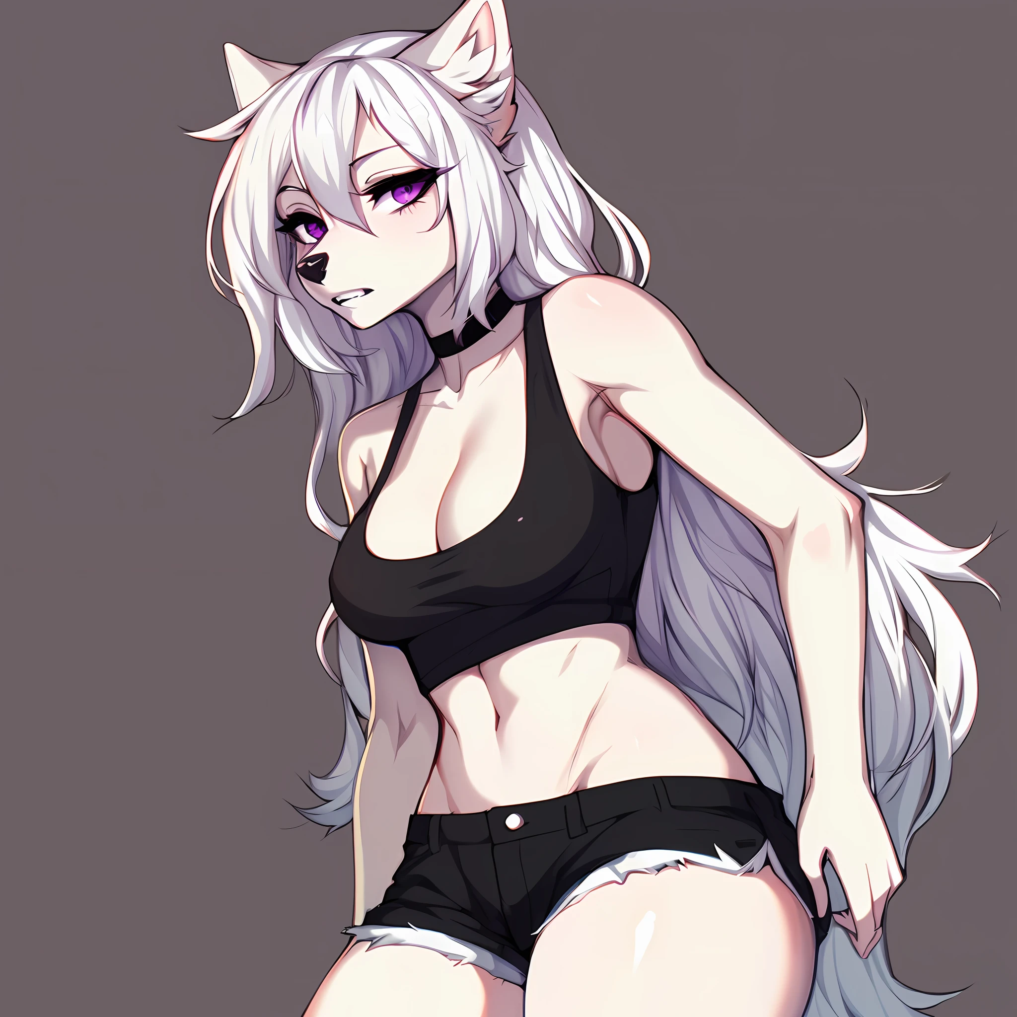 (By hyattlen, by fumiko, by claweddrip:1.2), solo, one girl, Cute white anthro furry wolf girl, female, white fur, white fluffy body, black nose, (cute snout:1.1), white fluffy tail, long white hair, simple solid purple eyes, highly detailed, canine teeth, (looking away:1.1), wearing black tank top, cut off black gloves, black shorts, combat boots, black choker, simple background, standing, neutral position, up close shot, canine teeth