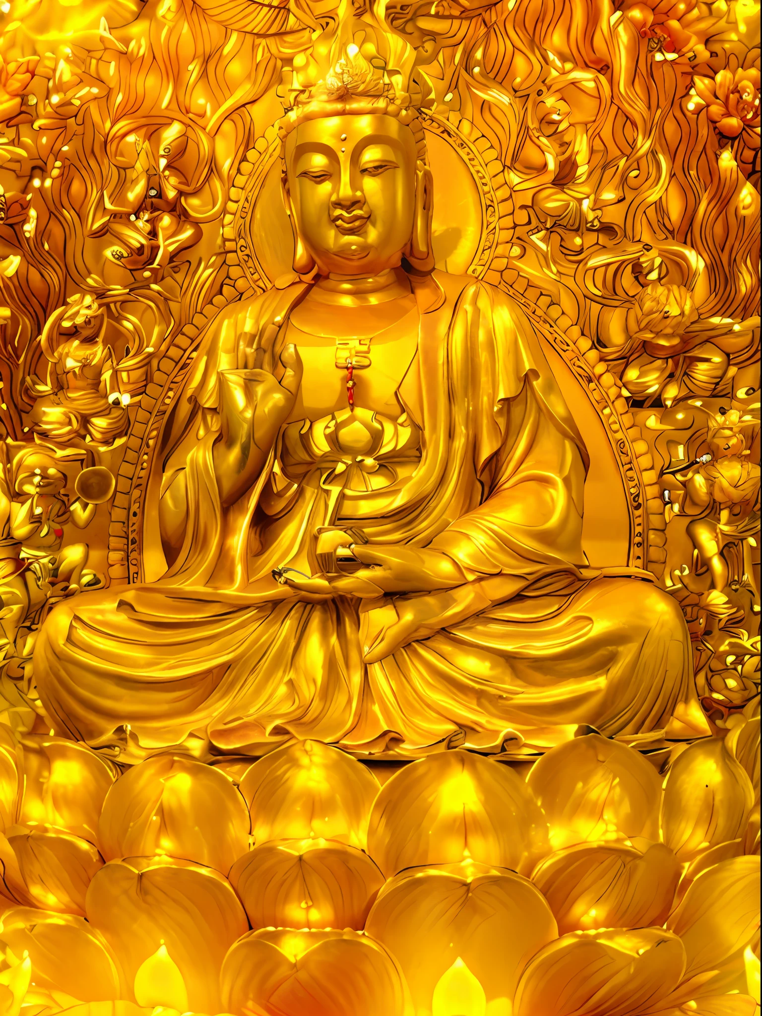 A golden Buddha statue sitting on a golden flower, a Buddhist Buddha, buddhist art, Buddhist, Buddha, golden wood carved in relief, bodhisattva, Buddhism, Guanyin, sculpture made of gold, contented female bodhisattva, buddhist architecture, attractive male deity, guanyin of the southern seas, beautiful gold saint