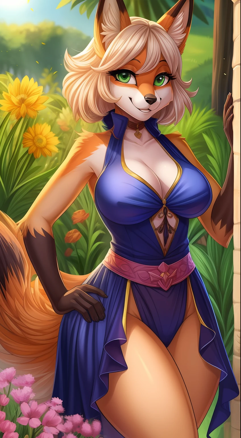 Antrho, fox, female, solo, pelo laranja, cabelo loiro longo, peitos medios, bunda media, coxas curvadas, usando roupa de noiva transparente, calcinha e sutia branca rendada, meias altas, segurando buque de flores, olhando sobre o ombro, sorriso envergonhado, fundo jardim florido, cauda deve ser mostrada