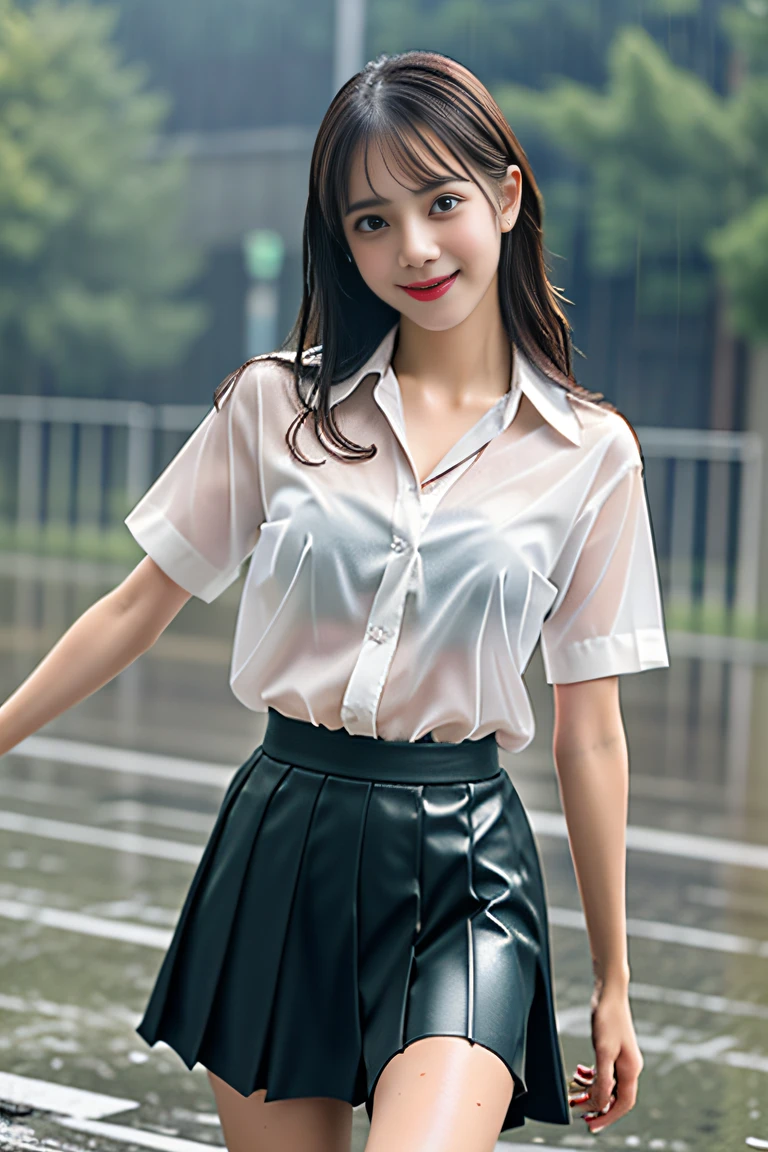 (It's raining heavily: 1.5), (((High school girl dancing in the schoolyard in the rain: 1.5))), (Cute 18 year old high school girl), (((Full body soaking wet with rain: 1.5 ))), (fun expression: 1.5), (((hair is wet in the rain, bangs are wet in the rain, uniform collar blouse is wet in the rain: 1.5))), ((blouse You can see through the skin, the blouse is wet and close to the skin: 2)), ((skirt is wet)), ((not wearing a bra)), ((nipple shadow is visible on the chest: 1.2 )) , ((loosely tied red ribbon: 2)), ((1 woman: 1.5)), (anatomically correct proportions), sexy proportions, (((attractive pose))), ((dancing)), ((above the knee shot: 1.5)), detailed face, detailed hair, detailed skin, small face: 1.2, no makeup, big breasts, ( (Short torso:1.2)), Thin waist, Small buttocks, ((1 screen)), 8K, RAW shot, Highest quality, Masterpiece, realistic pictures