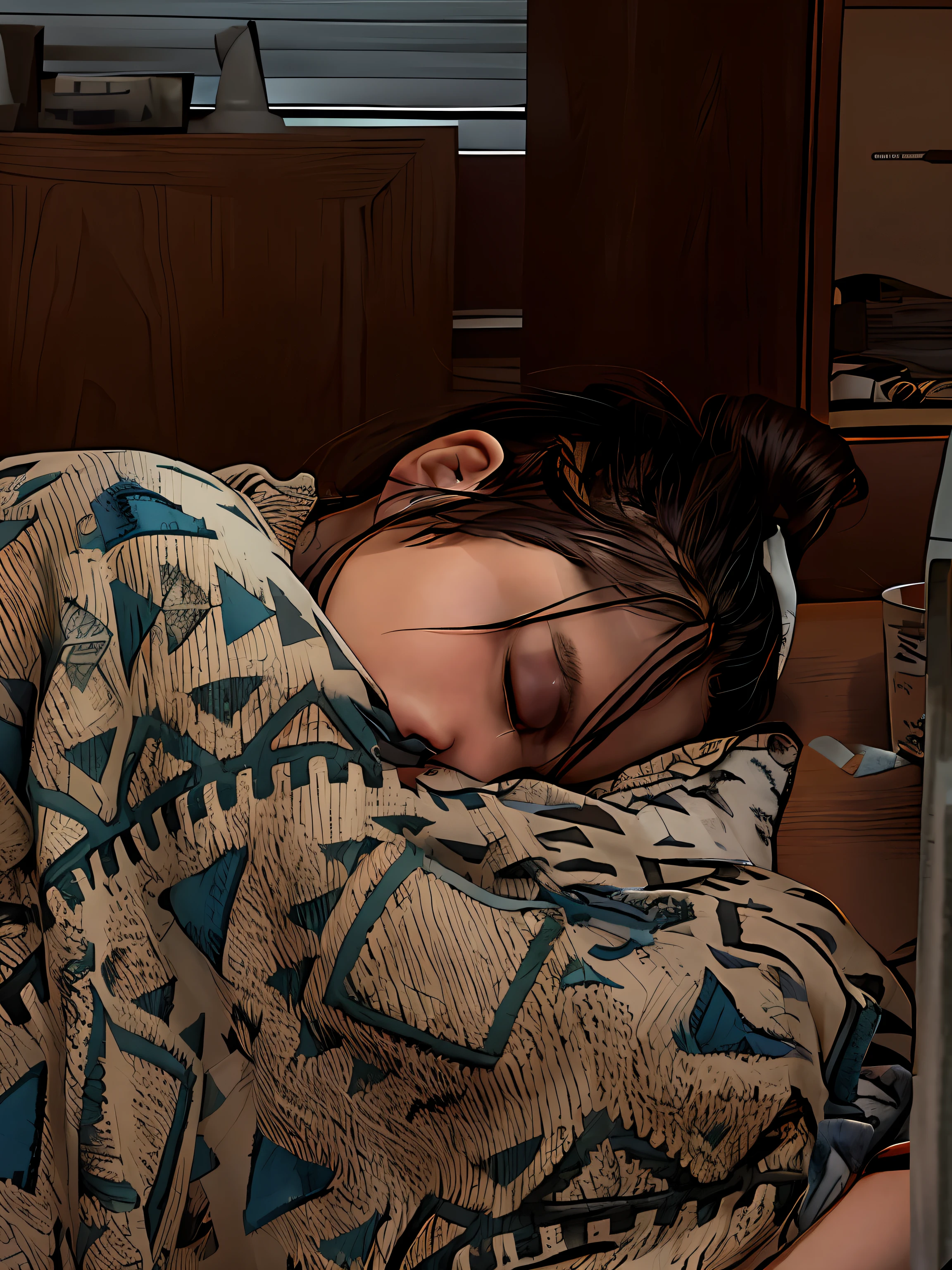 The woman slept on the table, Sleepy expression, covered with blanket, Student,, she's lying on her back, woman very tired, Sleepy eyes, she has tired eyes, sleepy feeling, Sleeping, Sleepy, tired half closed, author:Ayako hexagon, warm