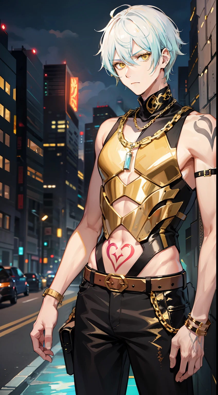 Tall guy, short white hair, Yellow eyes, Mask on the eyes, turquoise body armor, Sleeveless, Gold Chains, tattoos on arms, Black pants, ciberpunk, hiquality