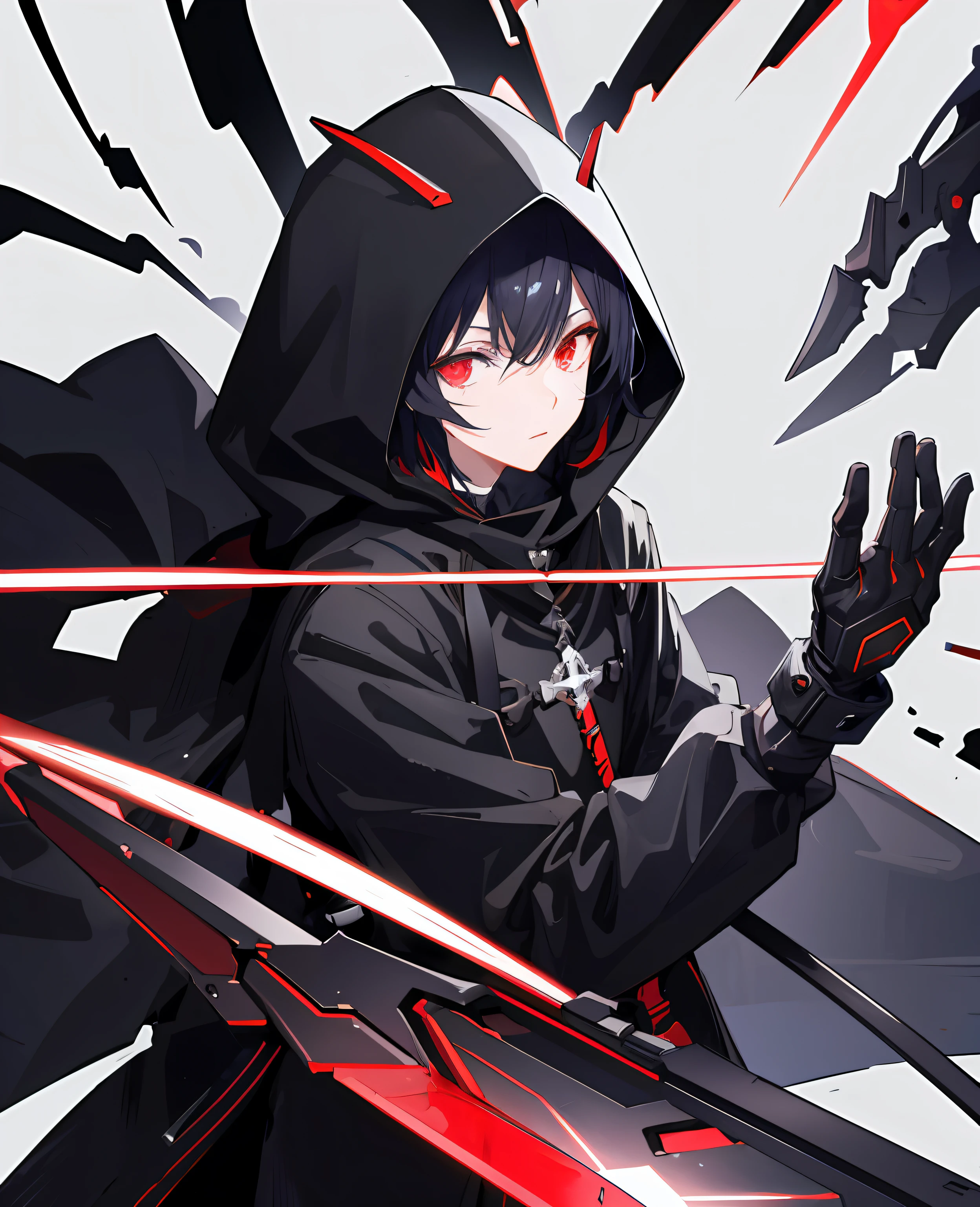 Anime, mysterious,face cover hood, a young man with black short hair and red glowing eyes, holding a mechanical futuristic sword with RGB color effects, wearing a long black coat, background fantasy game world, the character do pray.