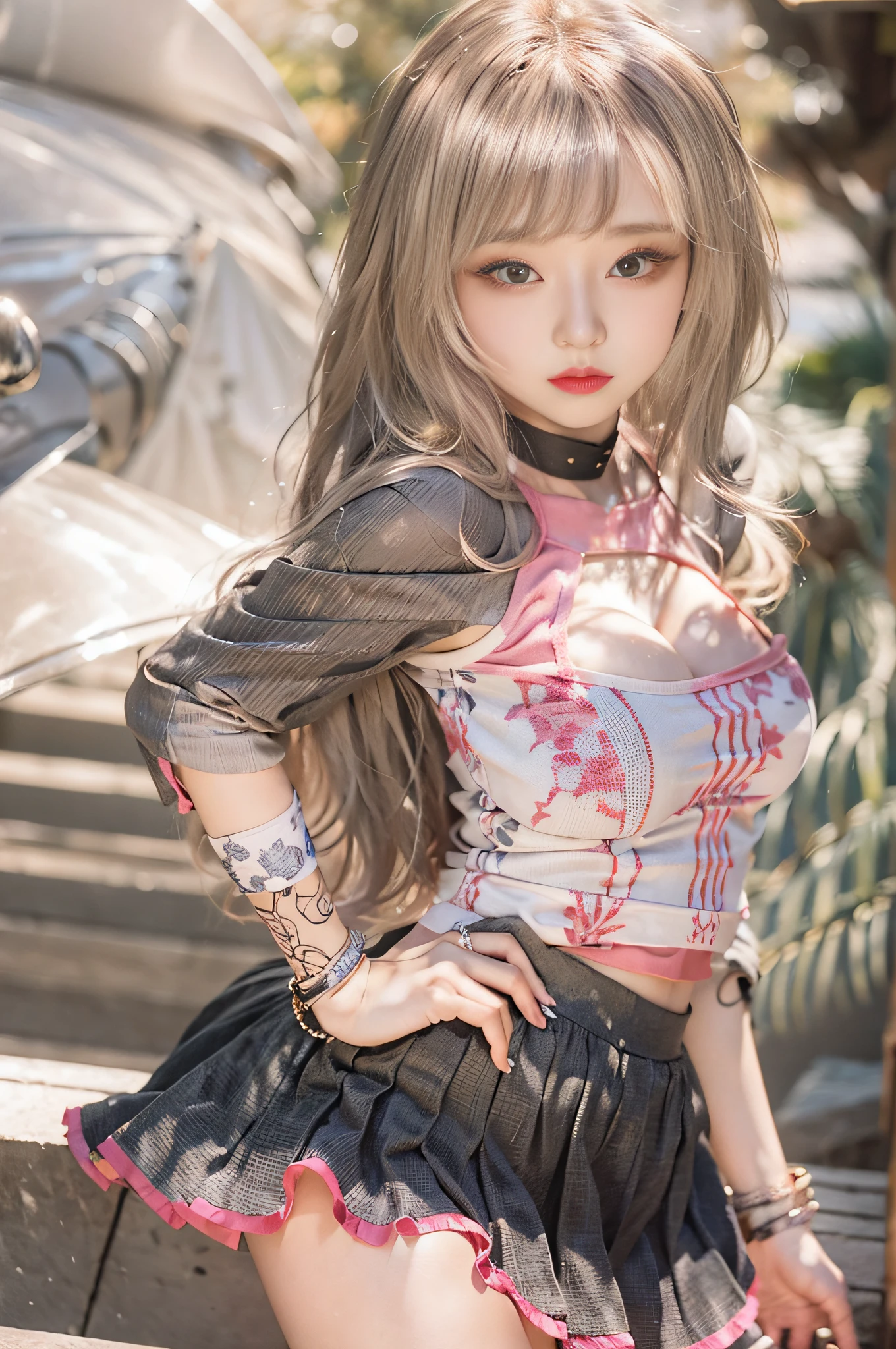 Top image quality、Raw photography、超A high resolution、Cute girl at 18 years old、Shooting for one person only、big round chest、cleavage of the breast、Patterned tank top、Skirt、Shiny hair、Beautiful Eyes of Details、very elongated eyes、Beautiful eyelashes、Beautiful double eyelids、Beautiful legs、eyeshadows、耳Nipple Ring、Standing bossily with hands on hips、Stand while seducing a man