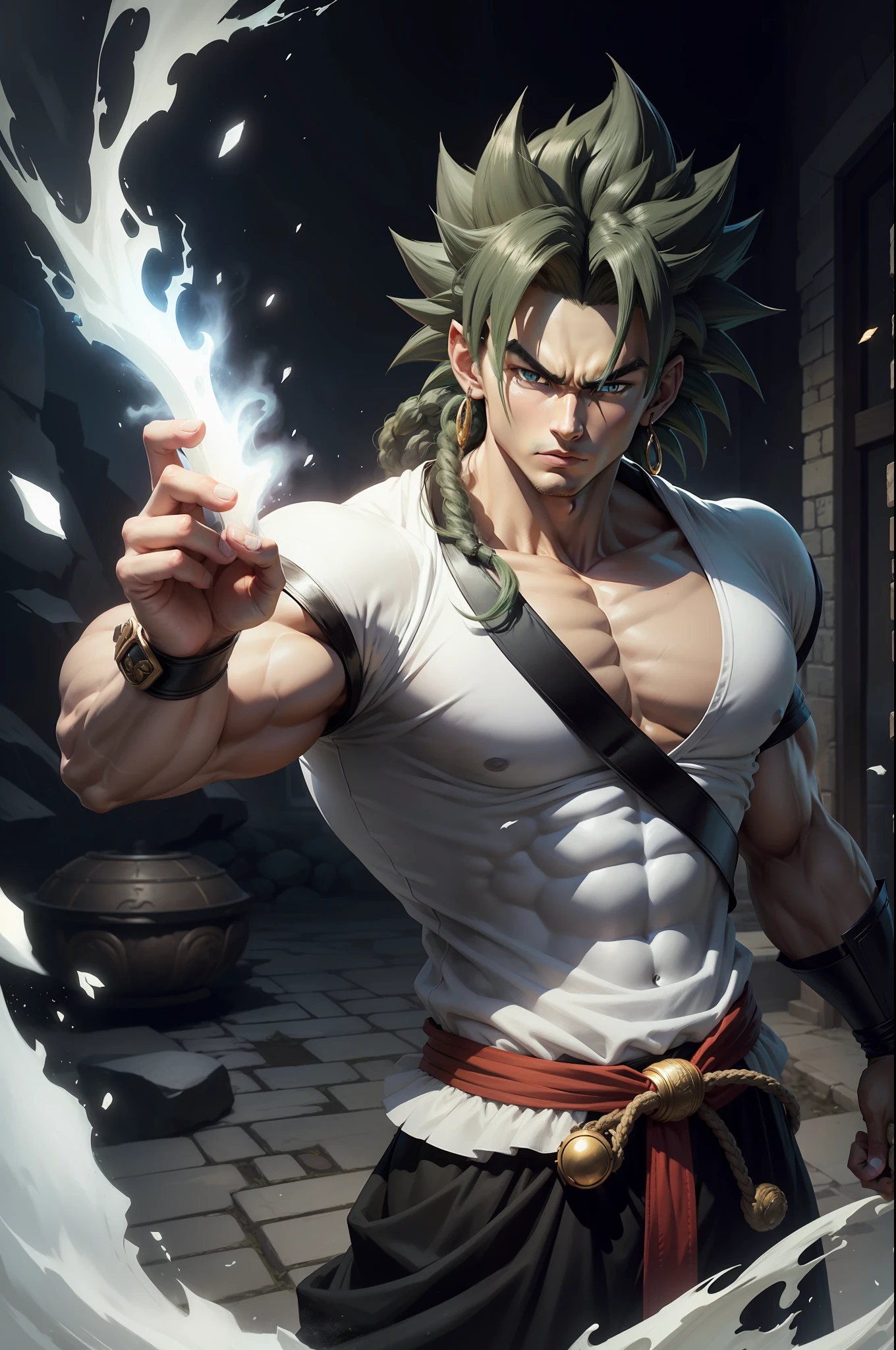 A 20-year-old broly wearing a white shirt and black belt, is a character from the Dragon Ball series. Dark old castle landscape. Standard body, finger drawing, beautiful double eyelids, handsome face, gliulian art style, highly detailed official artwork, jin shan, official art