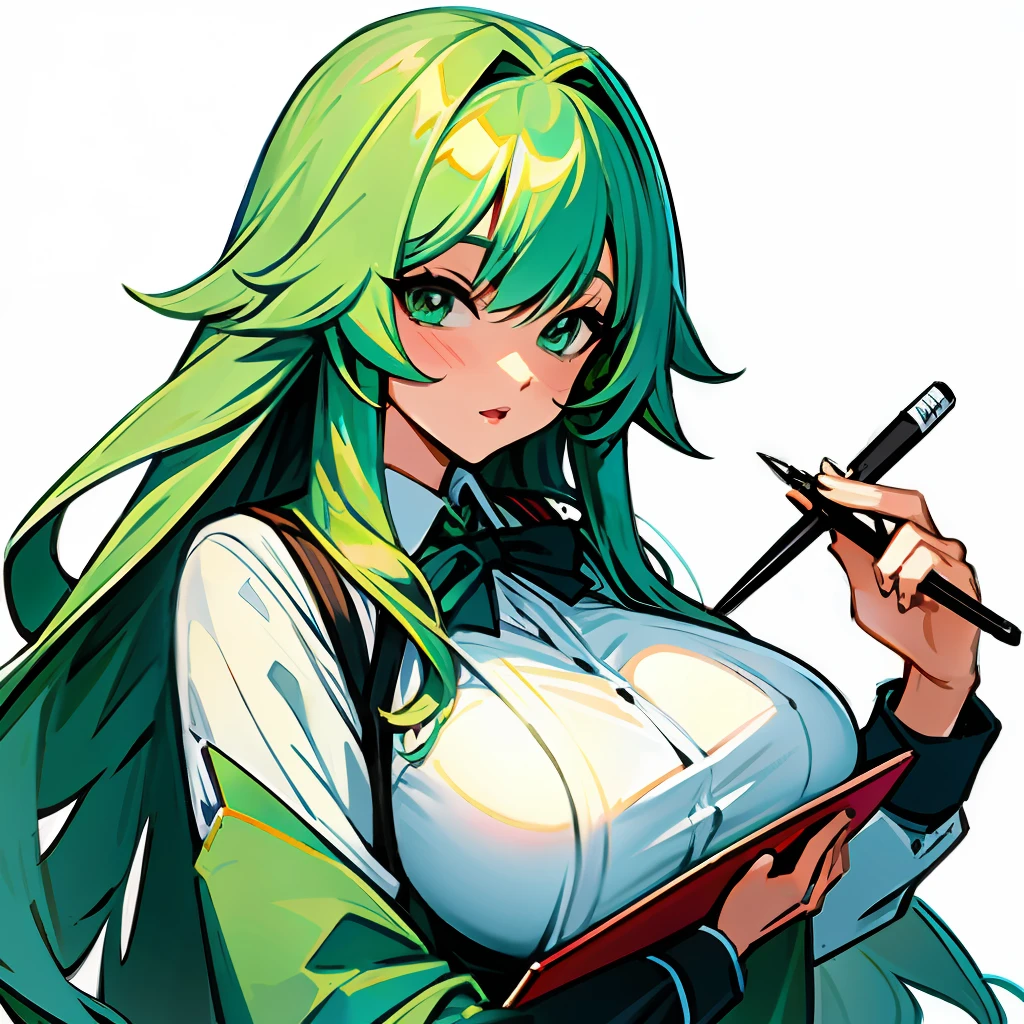 long whitr hair,Green hair,Handsome,schoolgirls,anime big breast,Pen in hand,Will magic