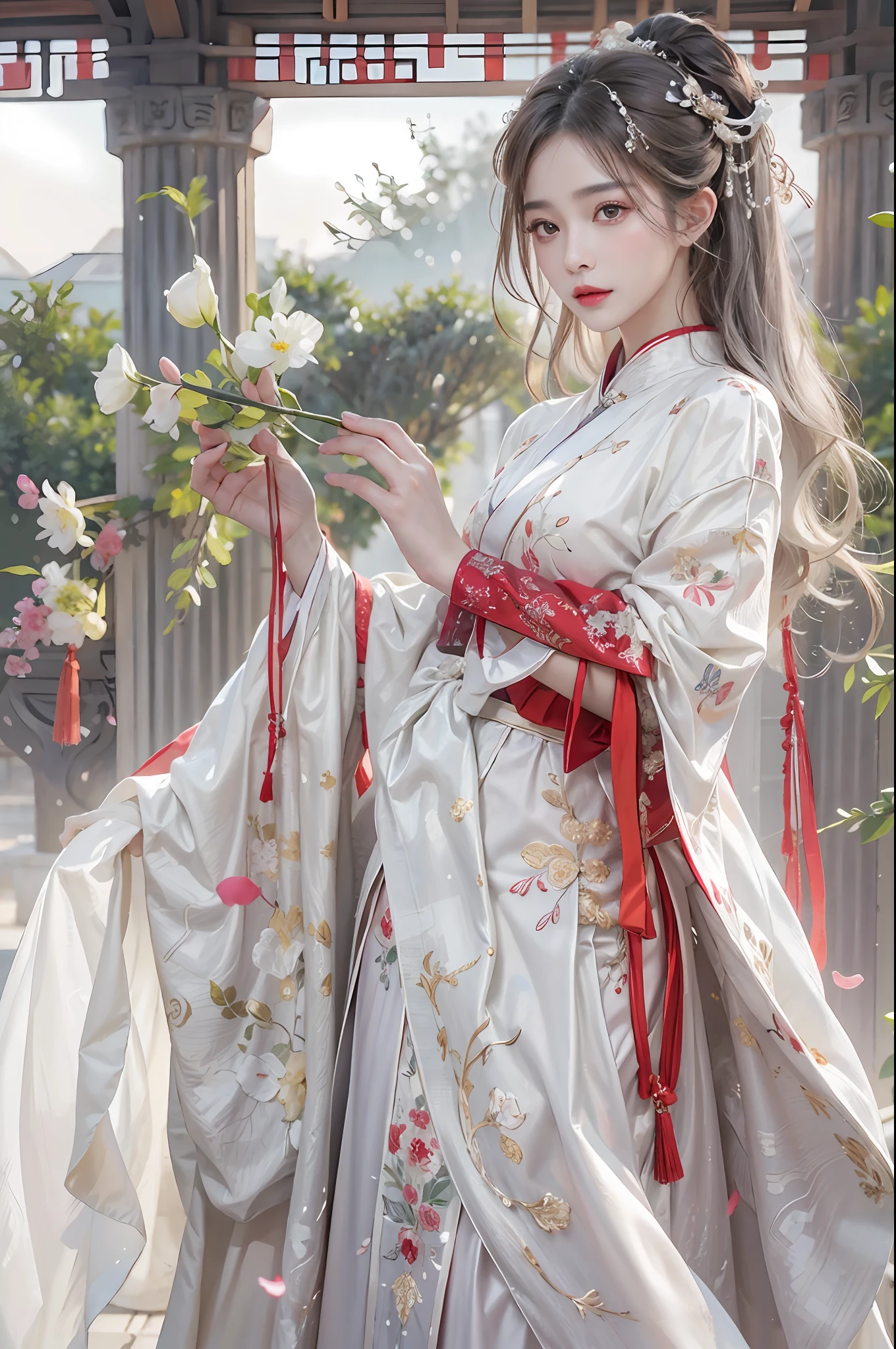 photorealistic, high resolution, soft lights, 1women, shiny skin, finely detailed skin, solo, hips up, look at viewer, (detailed face), white hair, long hair, red wedding hanfu, zshf