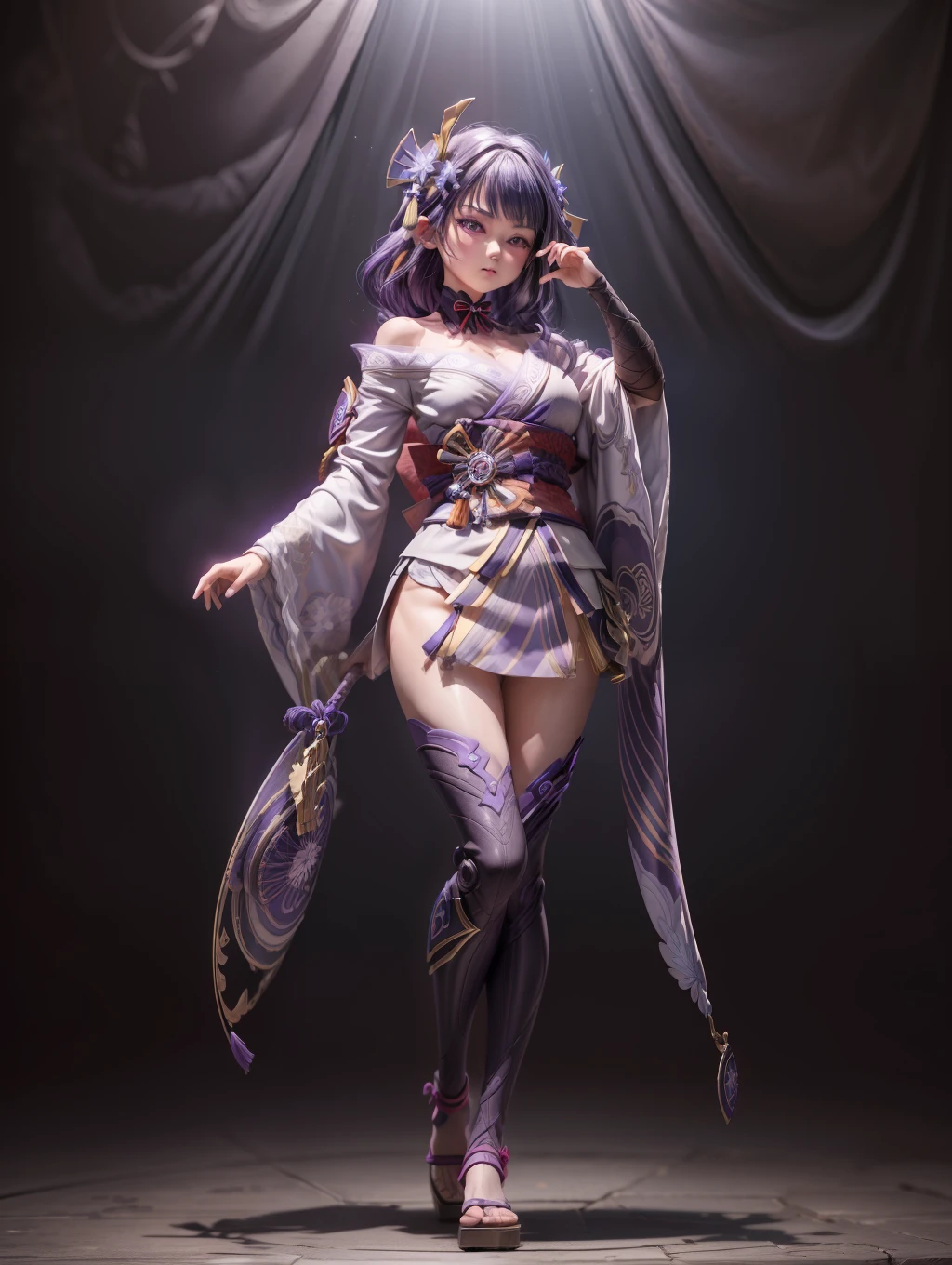 (Blind box toy style:1.3), ((Full body photo:1.5)) , 1 masterpiece, ((anatomy correct:1.4))，Best quality,,(((Raiden Shogun))) ((Genshin Impact)), 1 girl solo, big beatiful eyes，Slim little kimono，Purple stockings，The clothes slipped off the shoulders，Expose the upper part of the chest， dreamy glow, Clean, Purple clean background ，（circular base:1.3）( Global illumination, Ray traching, hdr, unreal render,reasonable design, high detal, Masterpiece, Best quality, hyper HD, Cinematic lighting)