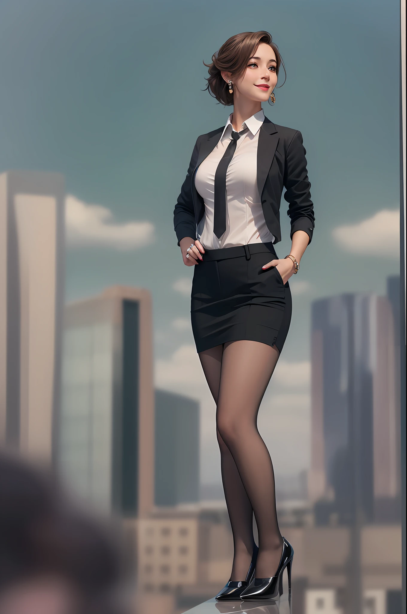 (8K, Best quality, Masterpiece:1.2),
(Realistic, photo-realistic:1.37),
Ultra-detailed,
1 girl, full bodyesbian, Outdoors, (Adjust hair:1.5)
Office Lady, black officeblazer, officeskirt, (Pantyhose:1.2), (short buttoneddownshirt:1.2), buttonedupcollarprim, buttoneddowncollarprim, Bra, (Pantyhose:1.2), alphalayers, high-heels,
Beautiful earrings,
Cute,
Solo,
Beautiful detailed sky,
(Smile:1.15),
(Closed mouth),
Small breasts,
Beautiful detailed eyes,
Business attire,
(Short hair:1.2),
Floating hair NovaFrogStyle,