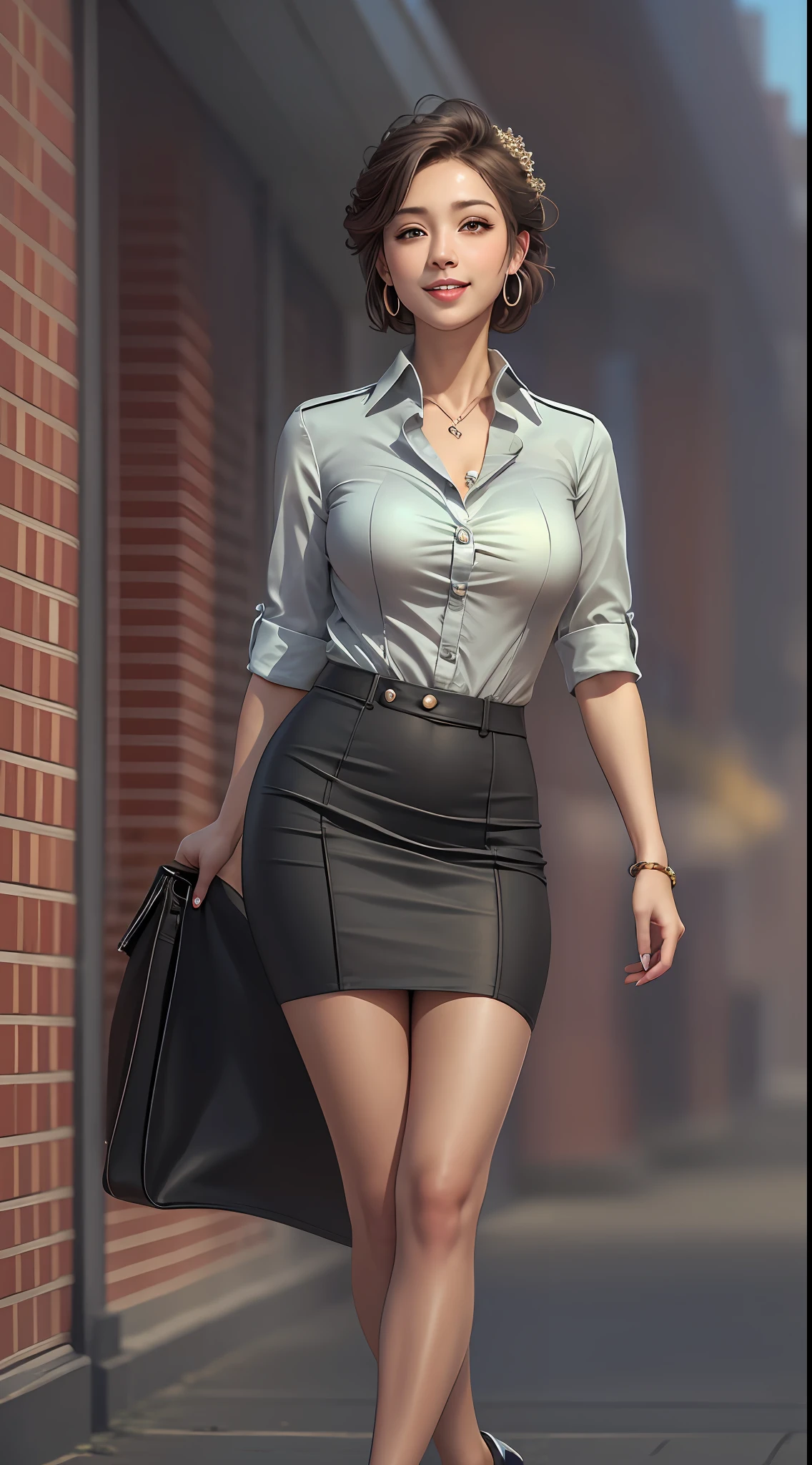 (8K, Best quality, Masterpiece:1.2),
(Realistic, photo-realistic:1.37),
Ultra-detailed,

1 girl, full bodyesbian, Outdoors, (Adjust hair:1.5)
Office Lady, black officeblazer, officeskirt, (Pantyhose:1.2), (short buttoneddownshirt:1.2), buttonedupcollarprim, buttoneddowncollarprim, Bra, (Pantyhose:1.2), alphalayers, high-heels, 

Beautiful earrings, 
Cute,
Solo,
Beautiful detailed sky,
(Smile:1.15),
(Closed mouth),
Small breasts,
Beautiful detailed eyes,
Business attire,
(Short hair:1.2),
Floating hair NovaFrogStyle,