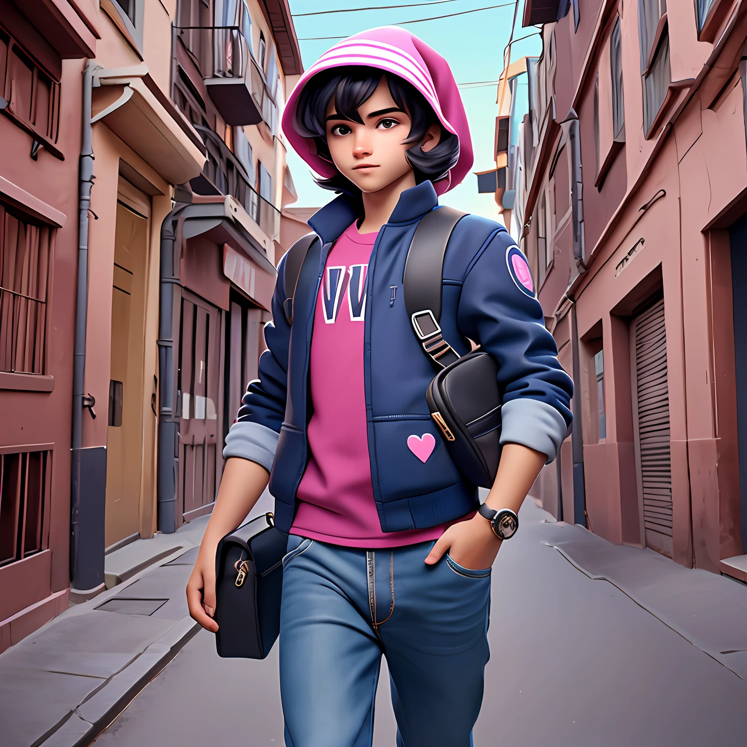 um menino jovem, Seu cabelo, bonnet, kalap, tom preto com mechas rosas, roupas leves, mochila, livros, corpo inteiro, The background is filled with a school theme, Urbano.