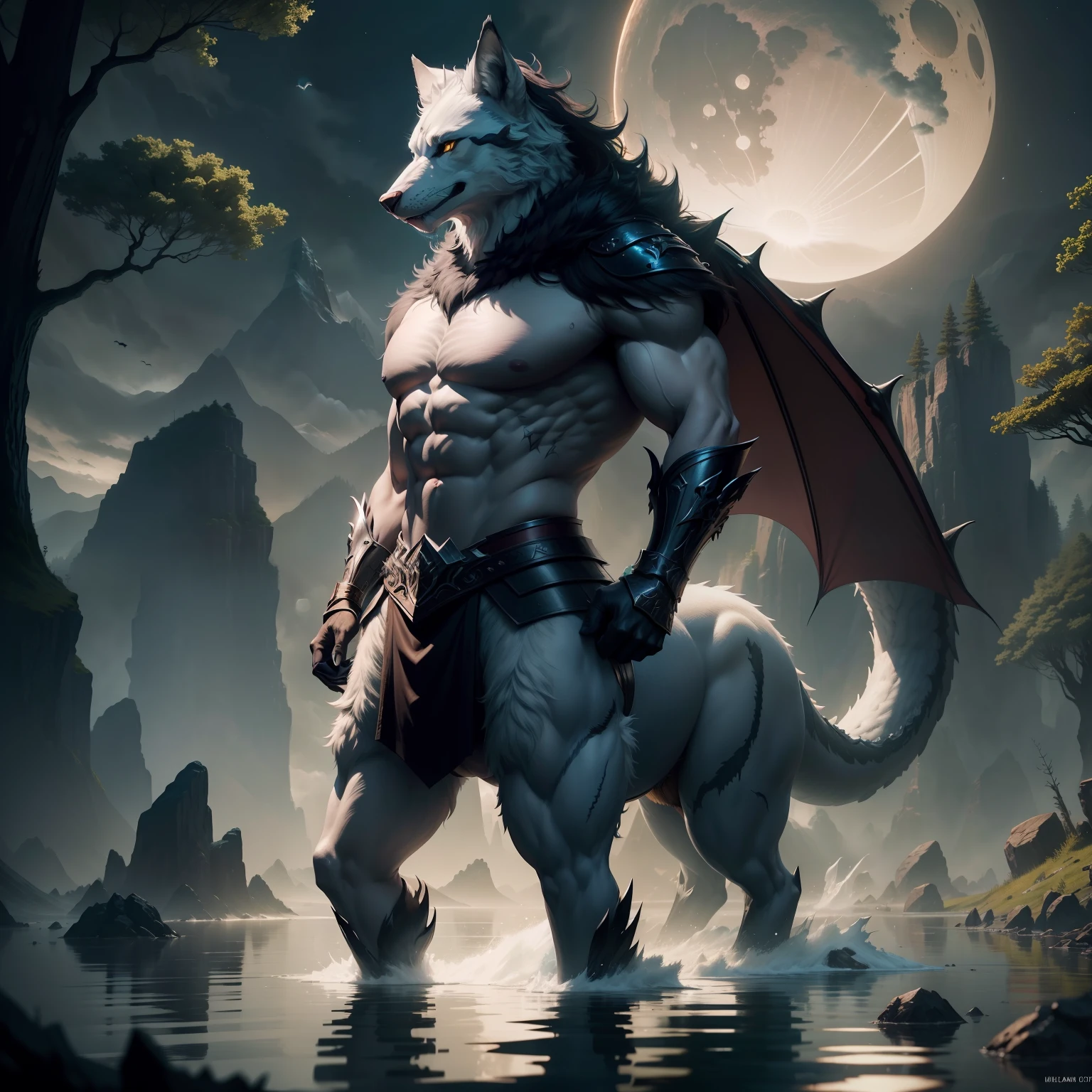 tmasterpiece，Best quality at best，high high quality，the Extremely Detailed CG Unity 8K Wallpapers，An enchanting and dreamy scene of a fantasy forest，towering trees，Mountains and lakes with moon in the sky，Highly detailed digital art in 4K，4K HD wallpapers very detailed，impressive fantasy landscape，Sci-fi fantasy desktop wallpaper，Unreal Engine 4K wallpapers，4K detailed digital art，Sci-fi fantasy wallpaper，Epic dreamy fantasy landscape，4k hd matte digital painting，8K stunning artwork，half wolf, The half-dragon stands on its hind legs in the water,Sideways photo，There are extra-long dragon tails。There are vertical scales on the back。The eyes are fierce。Has big furry ears。The villain is handsome，Strong and powerful, Dramatic cinematic details fur, hyper realistic fur, highly realistic photograph, cinematic full body shot, cinematic full shot, guardian of the holy lake, adventure hyper realistic render, volumetric fur, ultra-realistic picture, Make a gesture of majesty, hyperreal rendering，A combination of mythical creatures, Wolf and dragon