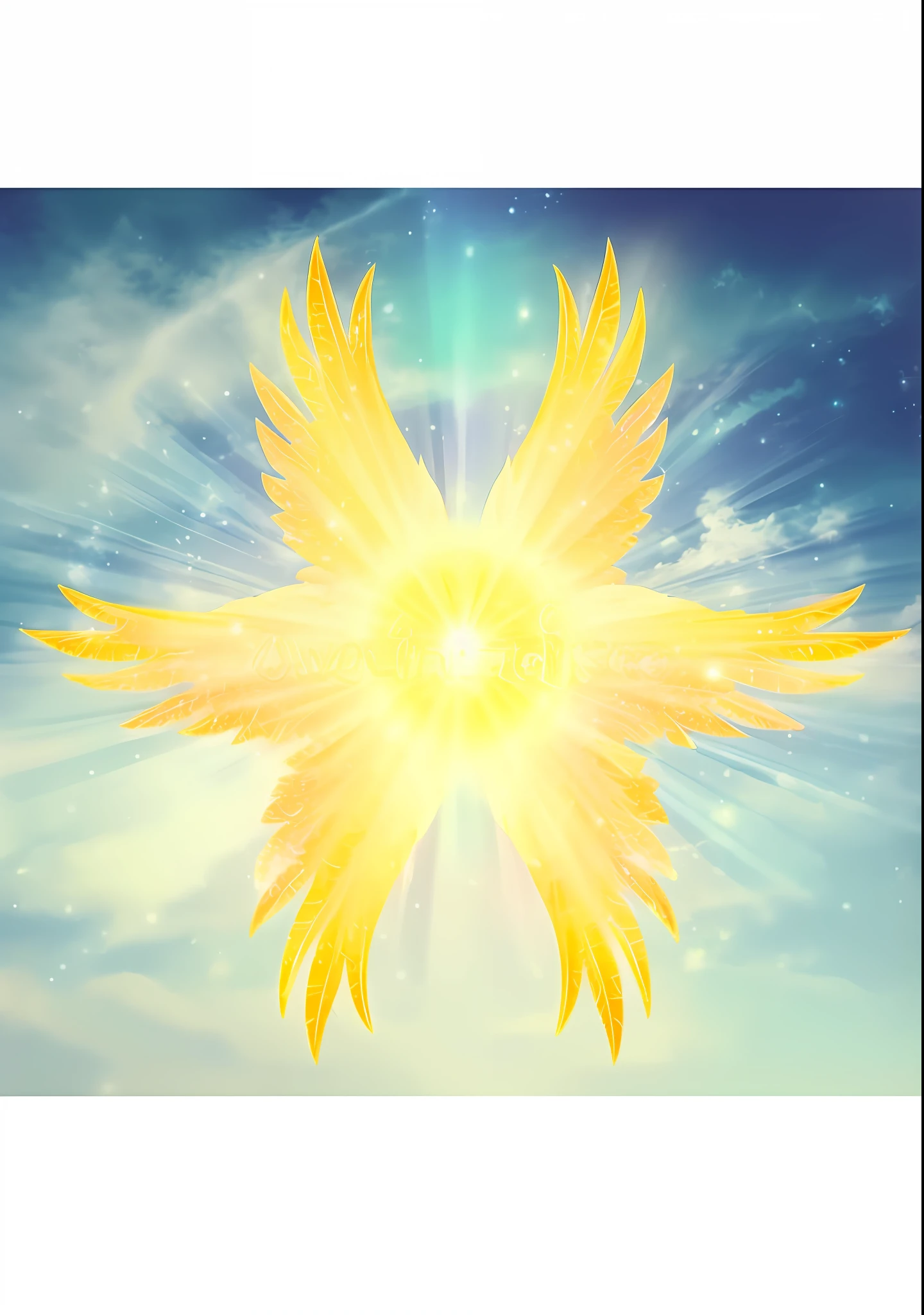 an image of a yellow bird with wings flying through the sky, Ethereal Angelic Being of Light, irradiando energia de renascimento, ser angelical brilhante, Raios de Luz Sagrada Sagrada, Raios Sagrados de Luz Espiritual, Angelic Light, visible holy aura, aura sagrada brilhante, infinite angelic wings, Asas de Anjo Infinitas, seres de tecnologia luminosa, emanating and flowing energy, Asas feitas de luz