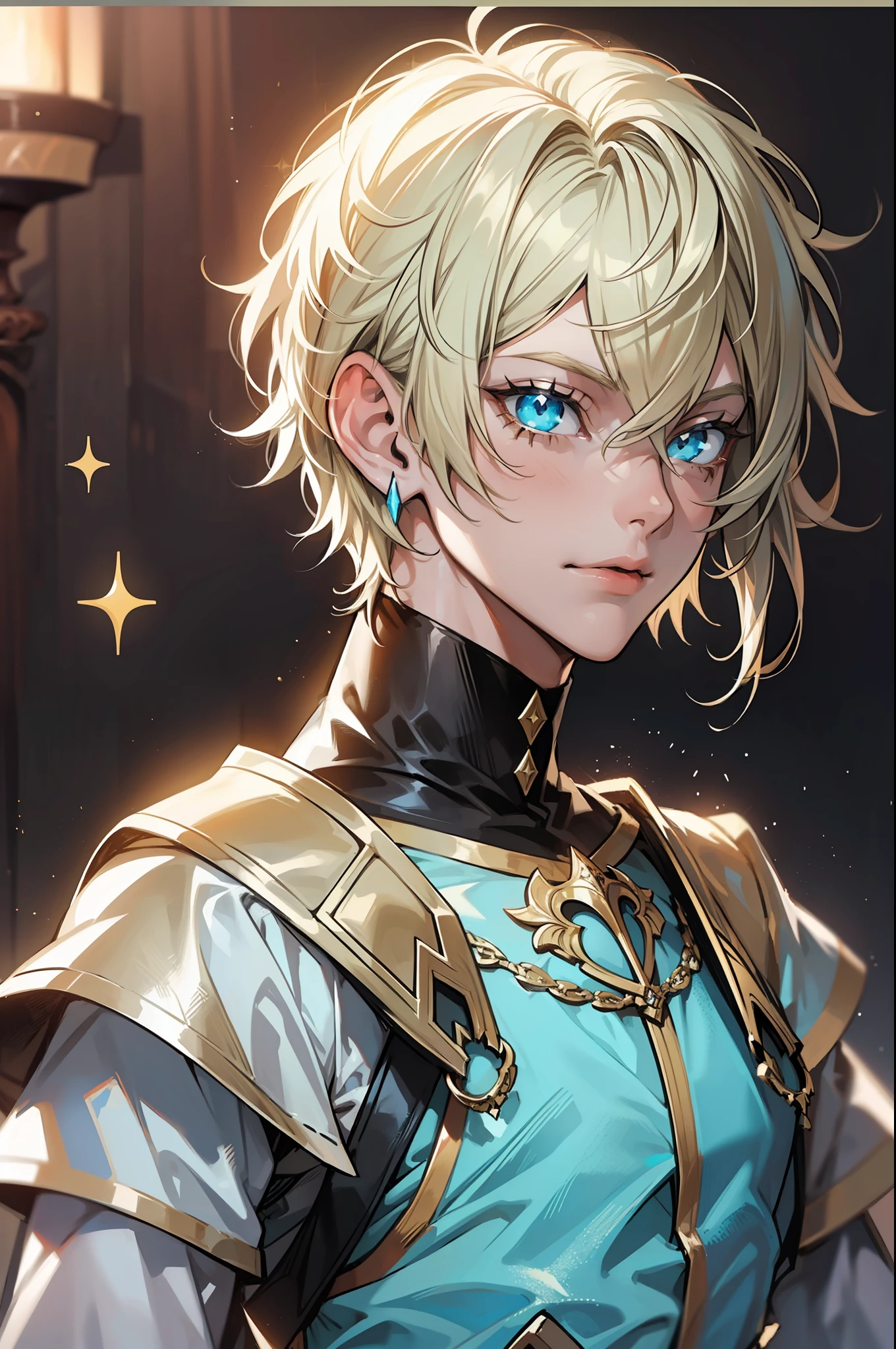 (tmasterpiece), portraite of a, 1boy, amazing quality, Detailed knight-prince, Age 16 years, (Sparkly light, Almost platinum blonde hair), Cyan eyes, faint smile, upper-body, Princely attire