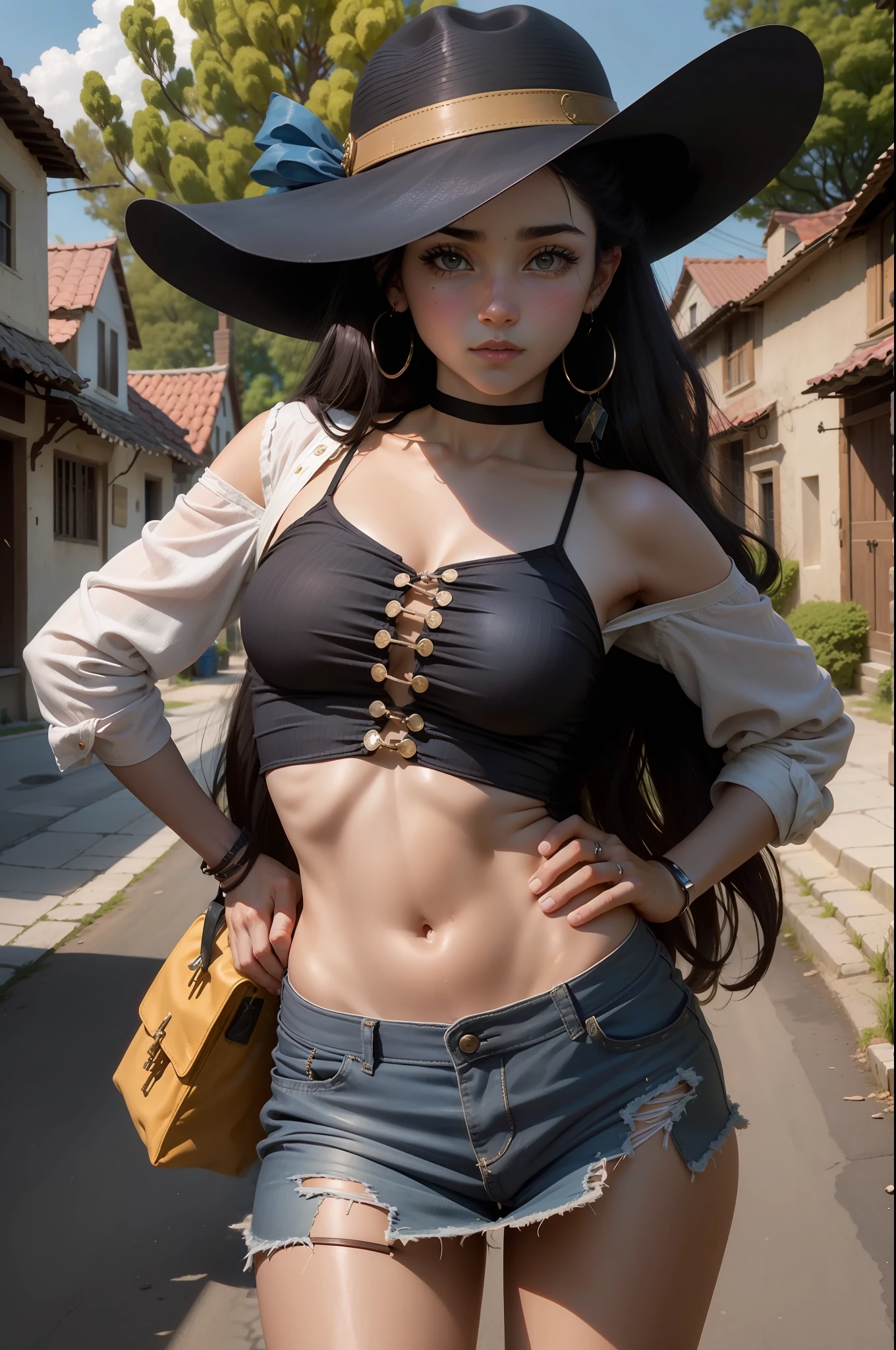 Una hermosa vaquera. She is in the middle of the street in a small village. She holds two large revolvers..., uno en cada mano, Usar ropa de mezclilla, un sombrero y botas altas. Su cabello es largo y rizado. It's a spectacular full-body image with a low upward tilt angle..
