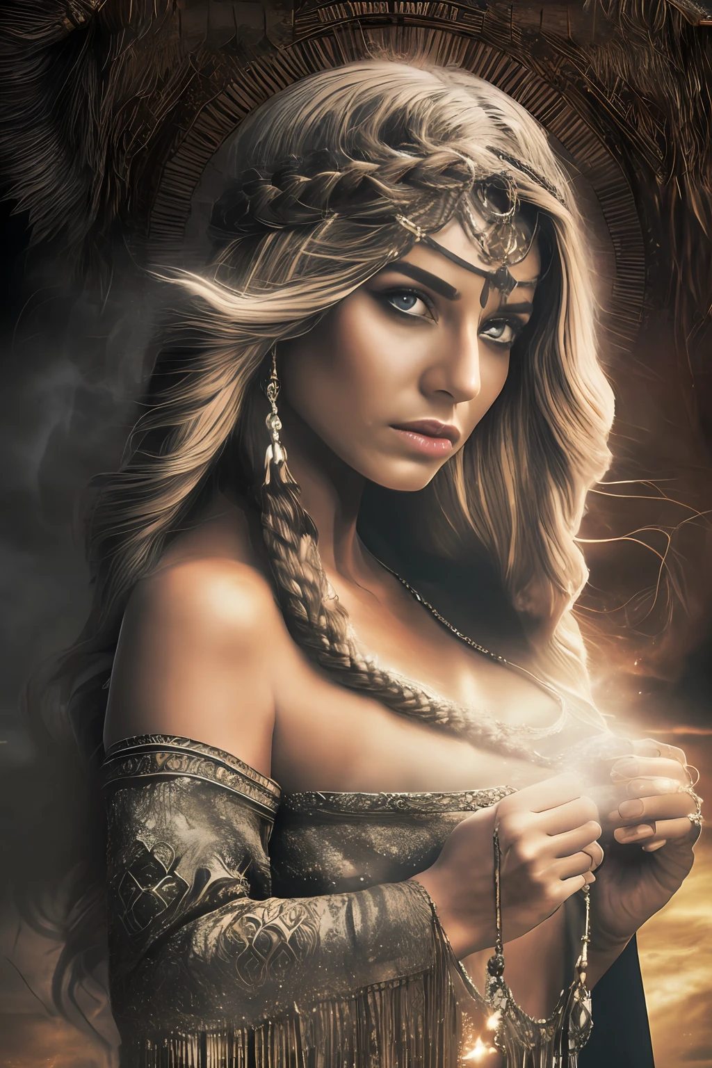 A dark-souled sorceress stands atop a mountain peak, casting spells to summon her army of elemental creatures. Sus ojos brillan con una luz misteriosa mientras canta antiguos encantamientos., and the winds around her whip into a frenzy. ((Her hair is a shiny silver and is braided in intricate patterns.. )) and wears a flowing black robe adorned with a bright red gem in the center of his chest... A lo lejos, Las nubes oscuras se acumulan y se acerca una tormenta, ready to do her bidding.