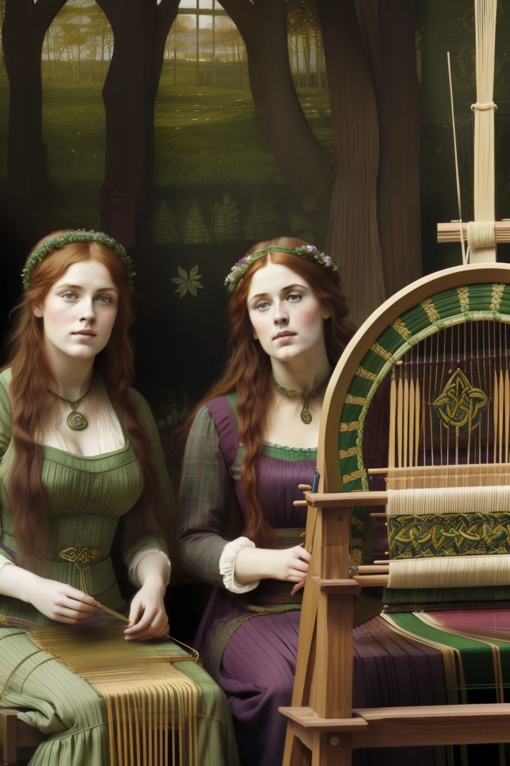 (((Pre-Raphaelite painting of Celtic women in a weaving competition)))