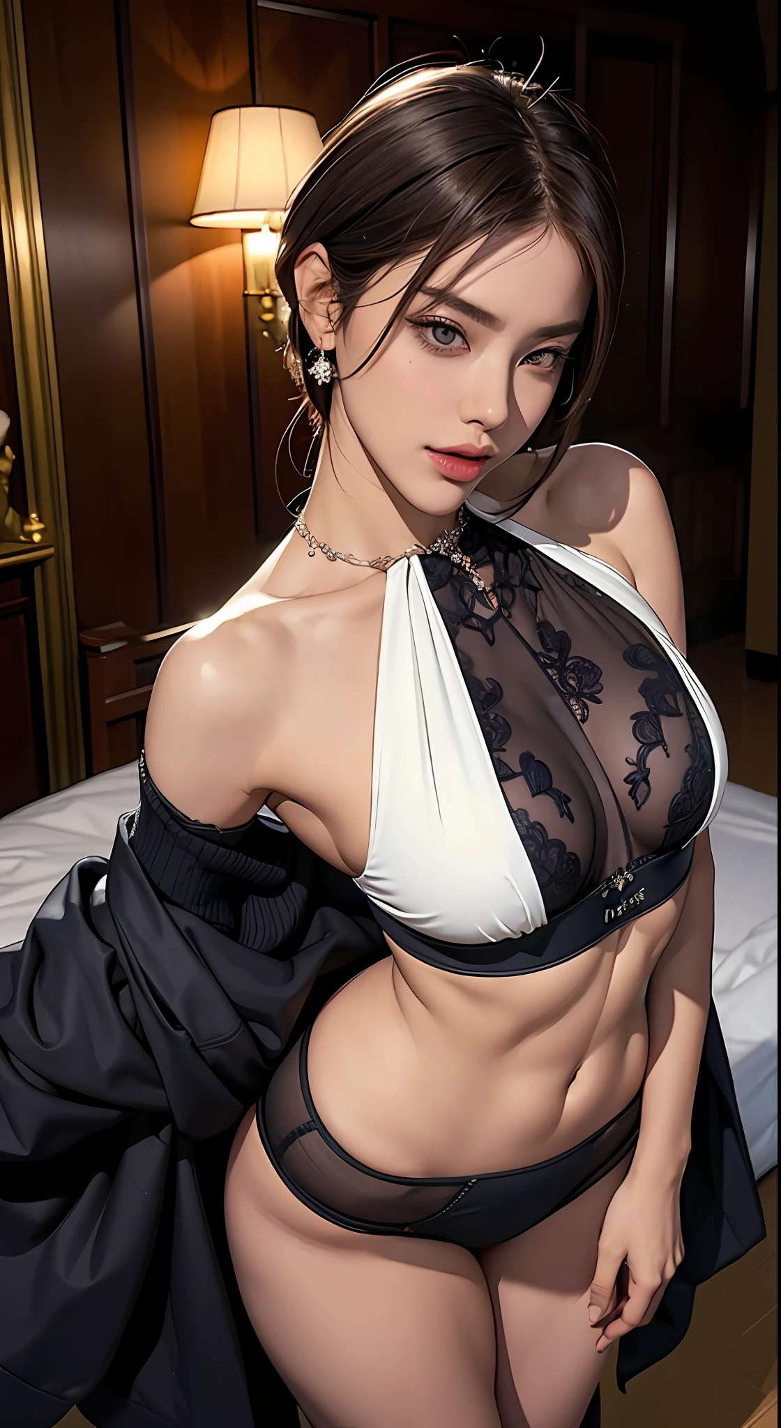 ((R cup，Plump big breasts，Breasts squeezed together)),((The clothes were hollowed out in large areas, Need, 8K, tmasterpiece:1.3)), View Full Body 1：2，long eyelasher，eye shadows，petty face，largeeyes，二重まぶた，Exquisite facial features，Long legs, Focalors:1.2, Supermodel beauty:1.4,The ratio of the upper body to the lower body itself5：8，Height 1.8 meters，Four-pack abs are clearly visible，toned figure，The figure is convex and upturned，Waist circumference 57cm，Slender thighs，Good proportions of large and small legs，Arm length，Slightly waist length, Short crotch，Waist line and wide crotch，Has a lumbar fossa，The front waist has concave curves on both sides，The waist and hips are great，Excellent waist-hip ratio,There is a pronounced waistline，Normal bones，Hourglass figure，Slim waist at sides，The buttocks look good ，It belongs to the A-type buttocks，Whole body smooth muscle line，neck long，Small head，shoulder width，Smooth shoulder and neck lines，High shoulder neck field of view，Shoulders straight，The thighs are fleshy，Strong fleshy calves((Long dark brown hair,))，Low chest position，There are pectoral muscles，There are abs，There are back muscles，There are triceps，There are gluteal muscles，Highly detailed facial and skin texture, photography of，tmasterpiece，best qualtiy，dark grey background，Red gemstone high heels，Until waiting to be worn，a variety of poses。breasts out，Super detailed face，No underwear，Obscene and coquettish pose，（（Purple erotic underwear，Openwork coat）），Precious masonry necklace，Precious masonry earrings，Queen's Crown，In a gorgeous room