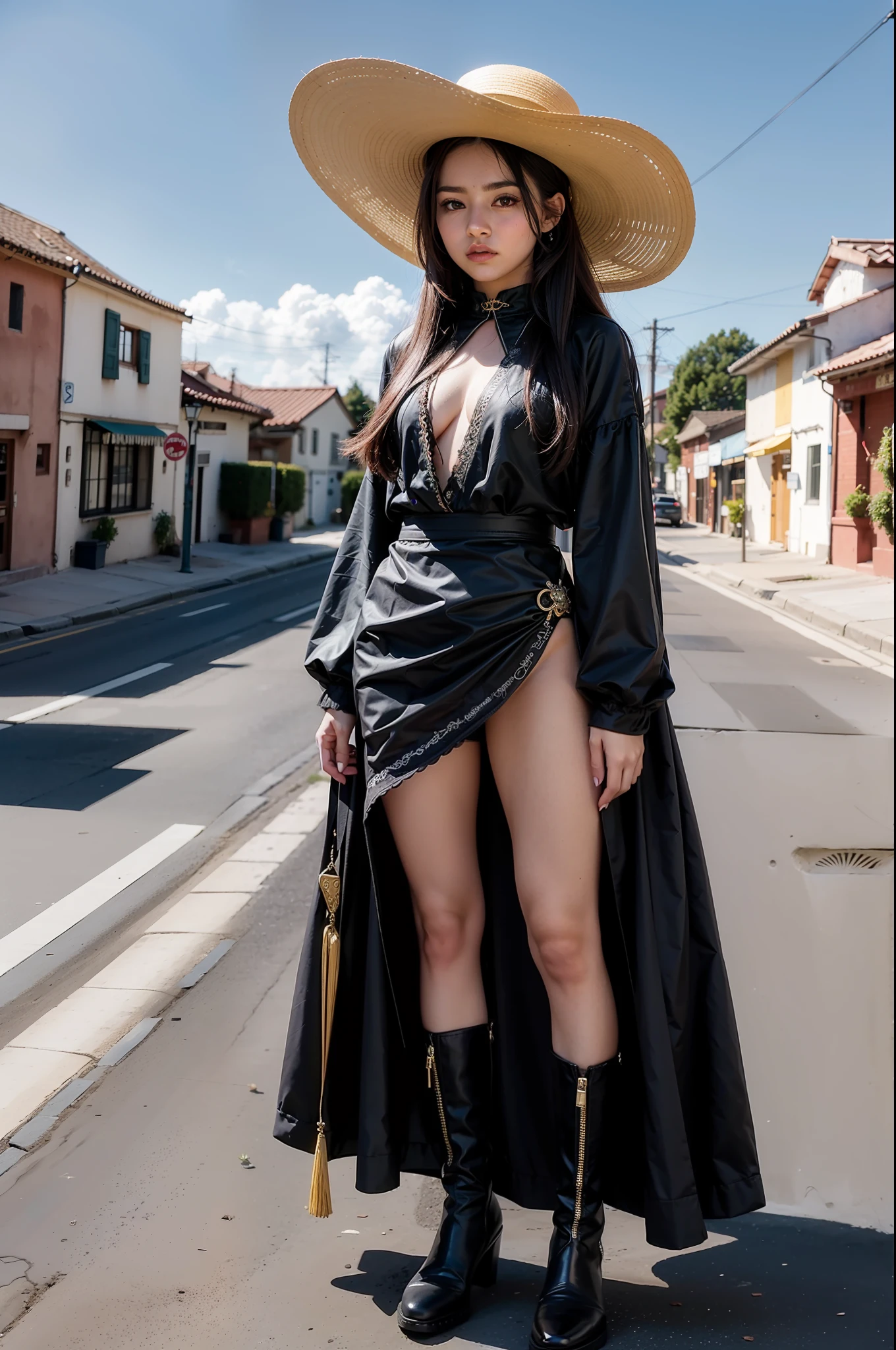 Una hermosa vaquera. She is in the middle of the street in a small village. She holds two large revolvers..., uno en cada mano, Usar ropa de mezclilla, un sombrero y botas altas. Su cabello es largo y rizado. It's a spectacular full-body image with a low upward tilt angle..