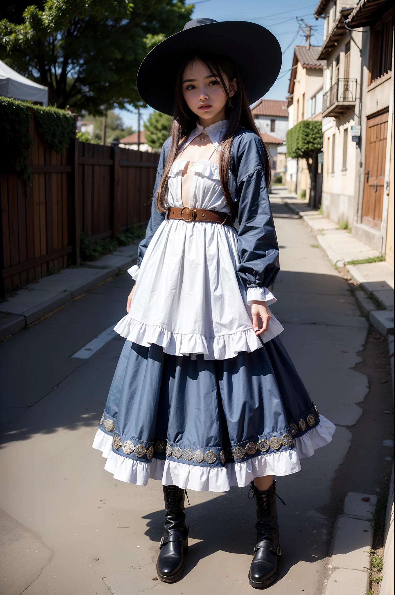 Una hermosa vaquera. She is in the middle of the street in a small village. She holds two large revolvers..., uno en cada mano, Usar ropa de mezclilla, un sombrero y botas altas. Su cabello es largo y rizado. It's a spectacular full-body image with a low upward tilt angle..