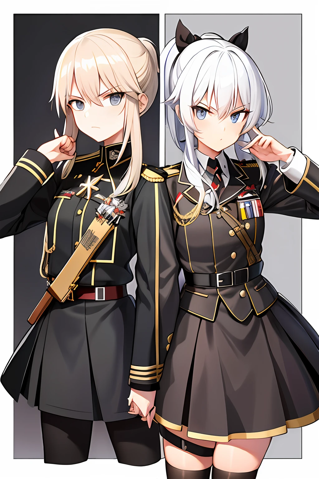 German black military uniform，girls，silber hair，Holding a Mosin-Nagant rifle in his left hand，sideface，Iron Cross emblem，High ponytail，Black eye patch，Gold eyes，serious-expression，similar《Battle of the Maidens》，（（best qualtiy））