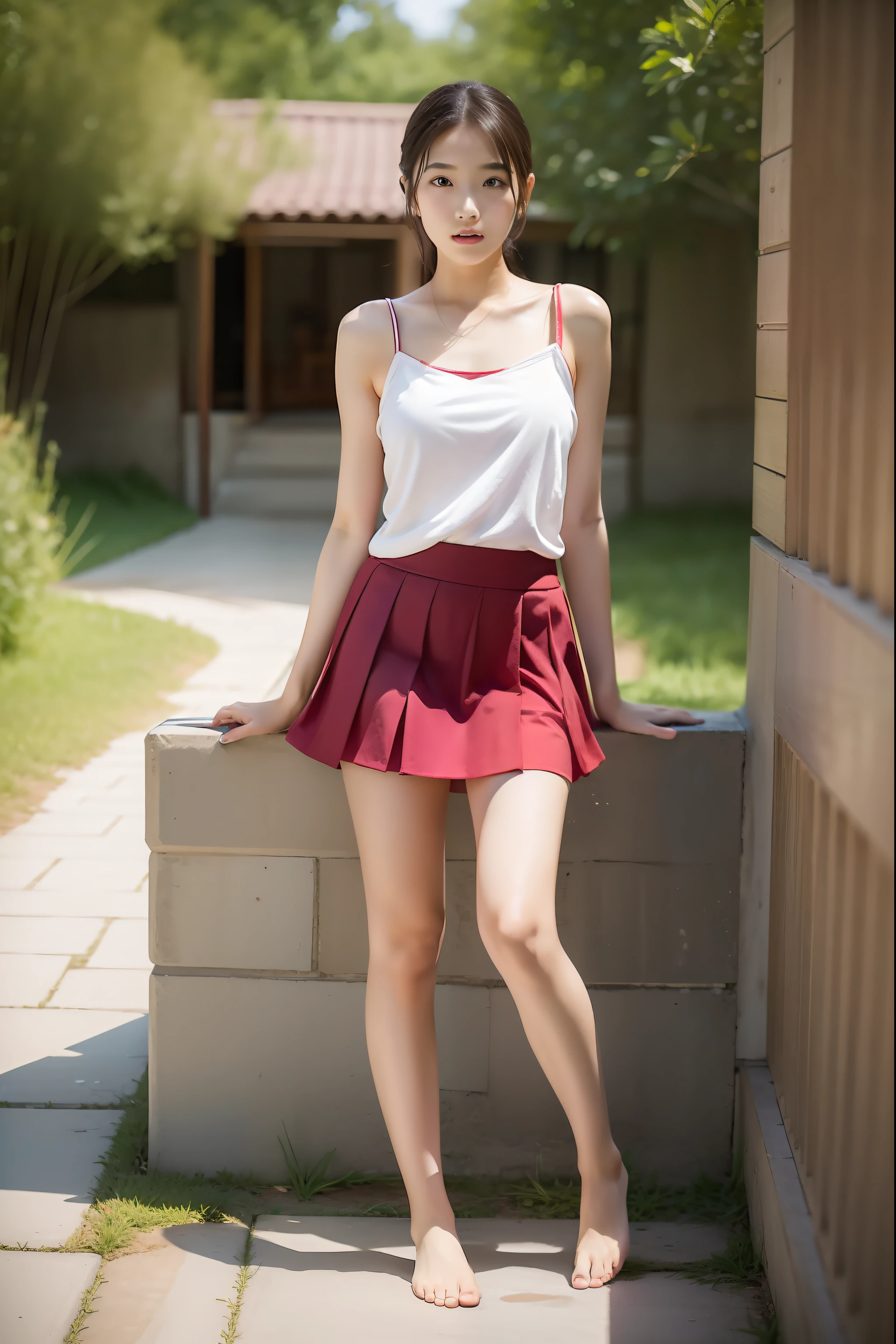 ((best qualtiy)), ((tmasterpiece))A 14-year-old Asian woman,camisole,short skirt,Very long legs,Ultimate temptation,Barefoot