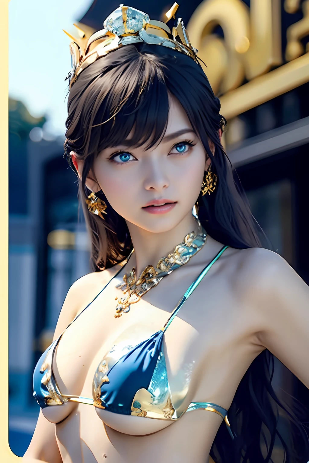 Ultra-detailed complex 3D rendering of faces、(​masterpiece、top-quality、octan render、)、Glamour shot full body image、Very beautiful young man、 cleavage of the breast、(highlydetailed skin:1.2)、(((Blue and gold micro bikini and jewelry:1.95))))。、８K、((twin-tail hair))、((noticeable large pink areola))、((large full breasts:１.4))、Beautiful Caucasian woman with big buttocks full soft breasts and white skin、1 persons、Long braided hair、large full breasts、dynamic ungle,((Jewel Magic Wand)) 、hyper realistic photography、(((a blond)))、（futuristic city backdrop）、face muscles、(((Detailed and ornate diamond crown))))、In the style of Marvel Comics、 ArtStation Trends, Clear focus, intricate detailes, ighly detailed, Detailed green eyes, foco nítido, a digital rendering, proffesional、abdominals、glowy skin、sexypose、（Golden tattoos all over the body）、Mansuji、s ass、（Jewel the whole body）、a blond、Seductive look、Detailed and beautiful white teeth、Armpit、short-haired、