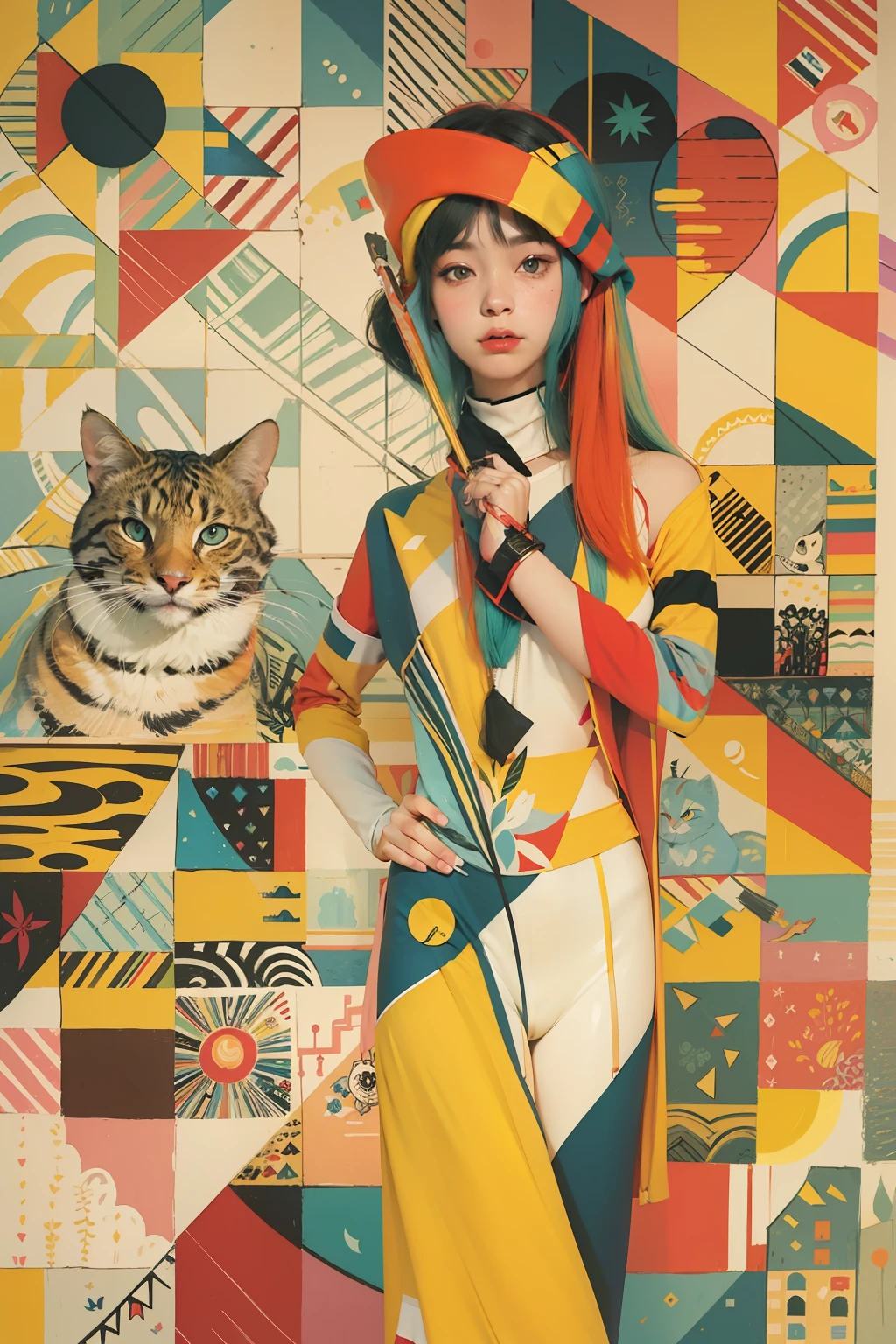 Flat retro illustration、Paiting de acuarela、The painting method of Wassily Kandinsky、Hermosa chica ligeramente alta con un pecho、Un gato esfinge、Pop-art、Painting method of the rule of thirds.、Circus performance、Small Theatre Company、riding、ocupado