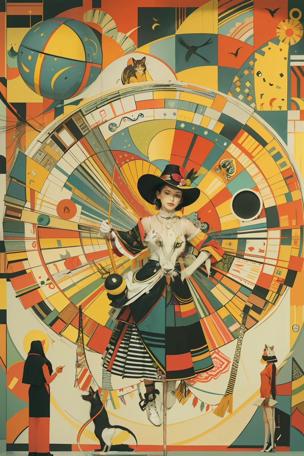 Flat retro illustration、Paiting de acuarela、The painting method of Wassily Kandinsky、Hermosa chica ligeramente alta con un pecho、Un gato esfinge、Pop-art、Painting method of the rule of thirds.、Circus performance、Small Theatre Company、riding、ocupado