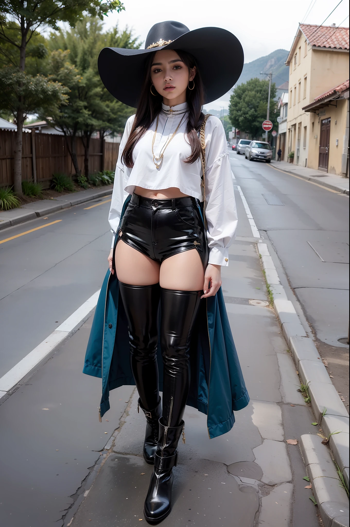 Una hermosa vaquera. She is in the middle of the street in a small village. She holds two large revolvers..., uno en cada mano, Usar ropa de mezclilla, un sombrero y botas altas. Su cabello es largo y rizado. It's a spectacular full-body image with a low upward tilt angle..
